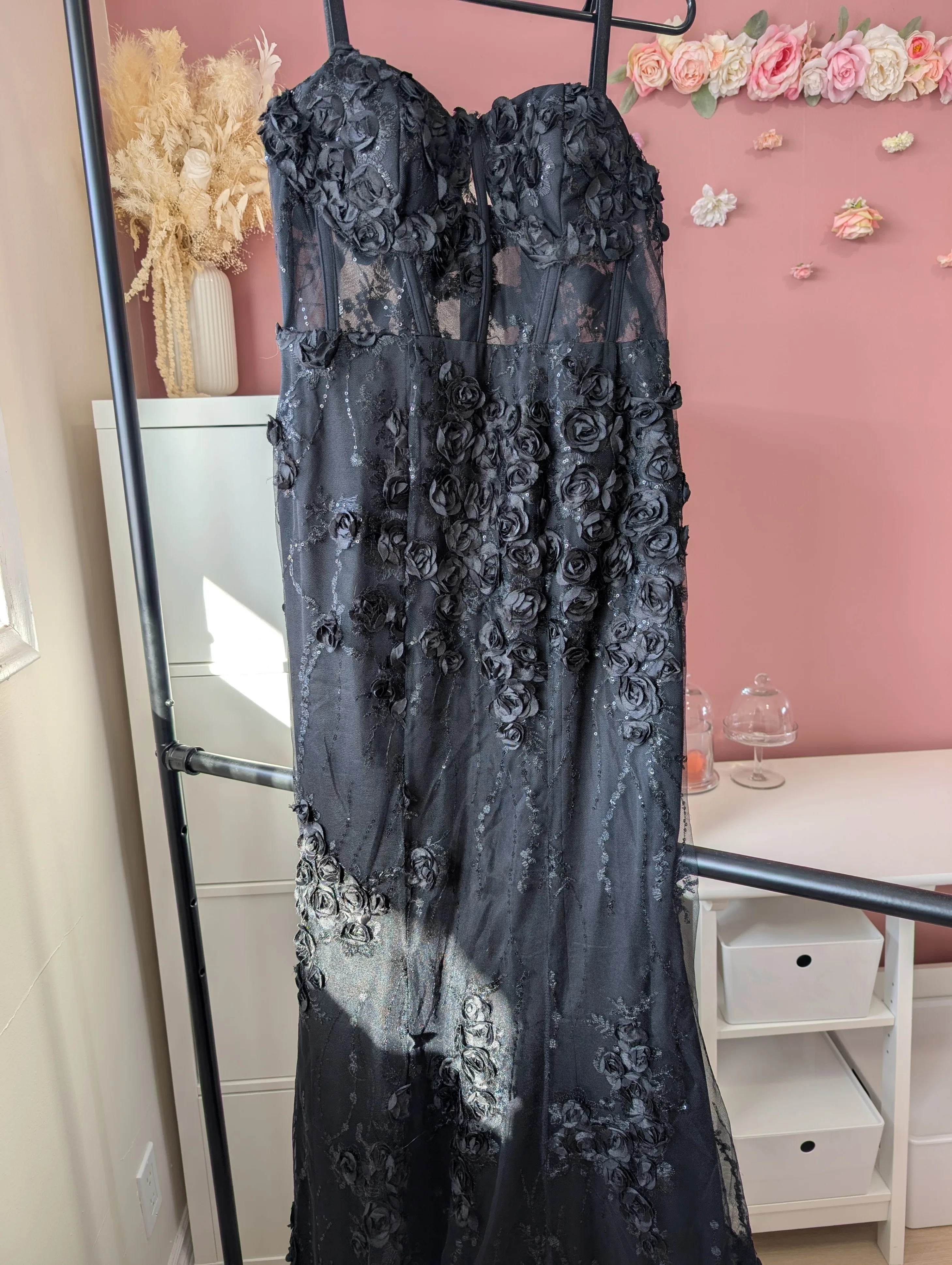 Size Small Black Corset Gown with 3D Floral Embellishments image indicator(6)