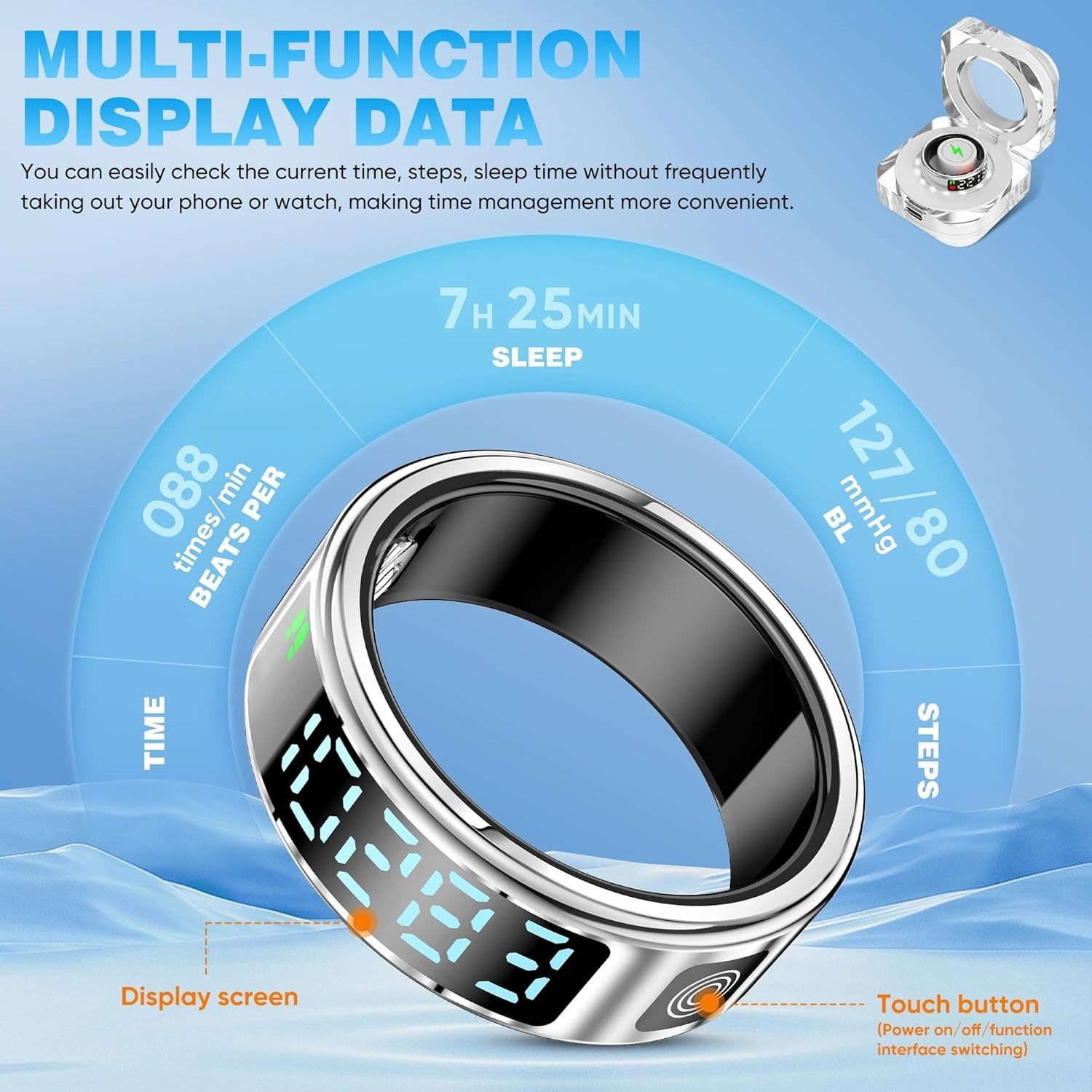 Smart Ring with Display, Health Tracker, Bluetooth, Size 12 - photo 3