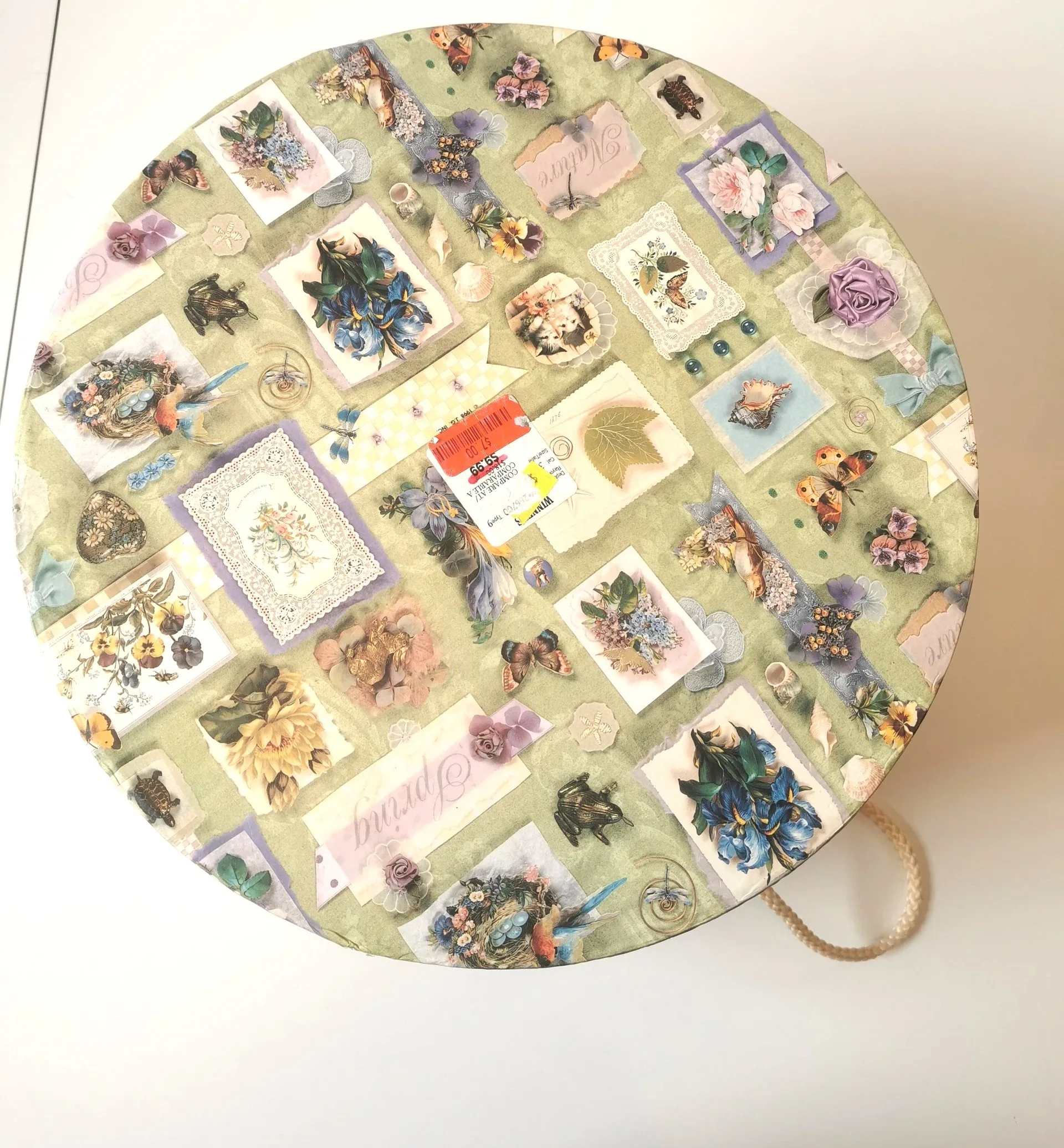 Max Size! Vtg Shabby Chic Hat Box Cardboard w Rope Handle 15.25" image indicator(3)