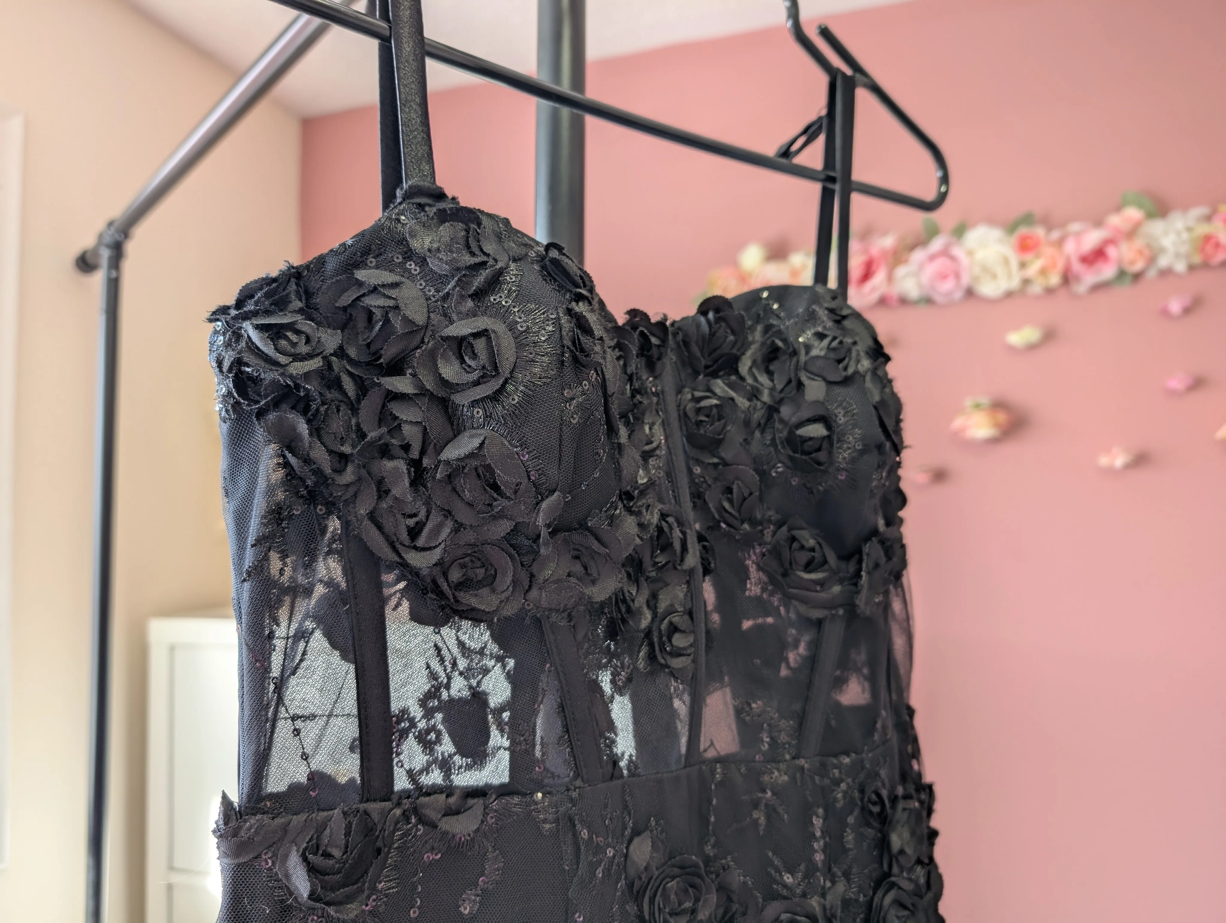 Size Small Black Corset Gown with 3D Floral Embellishments