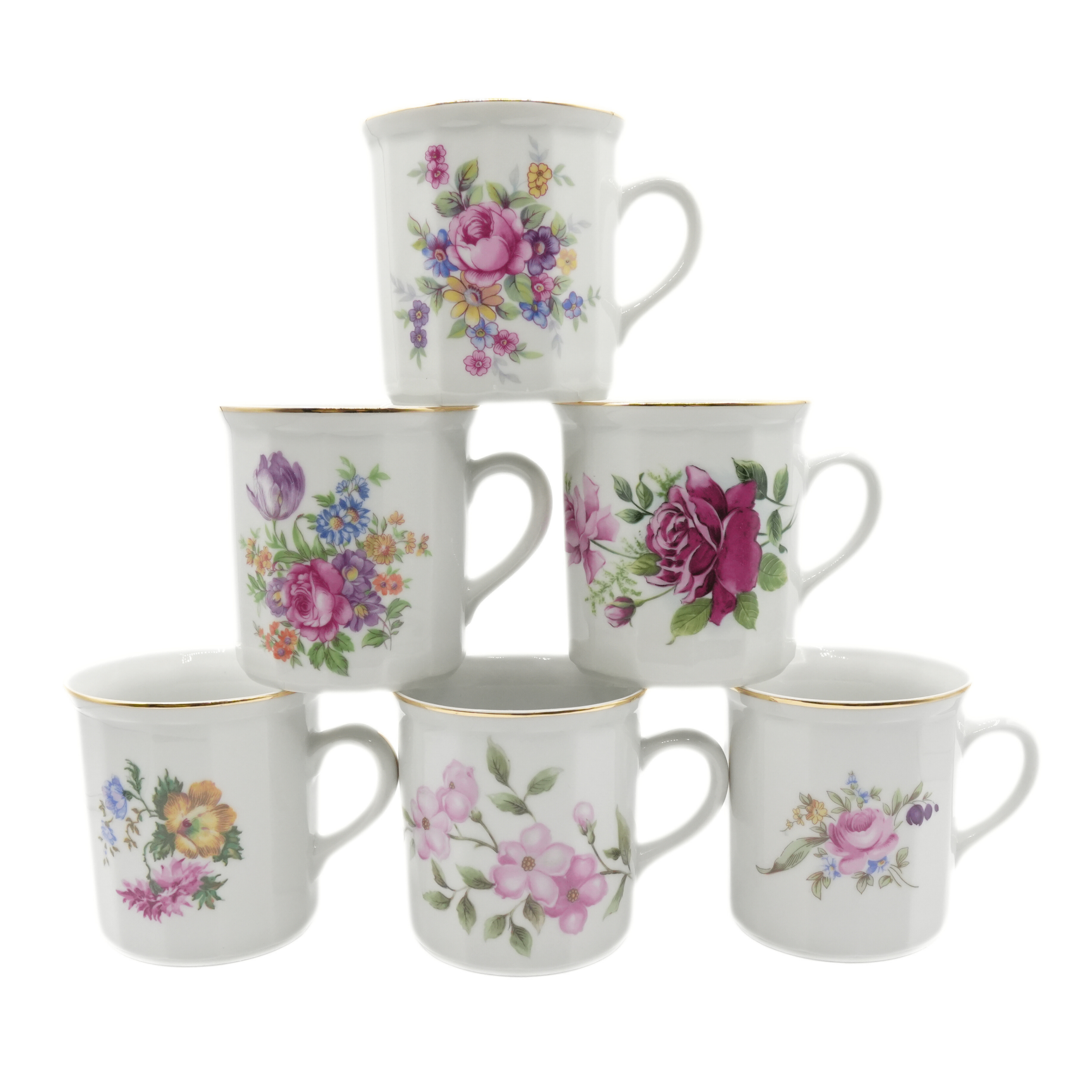 Floral Design Coffee Mugs - Set of 7