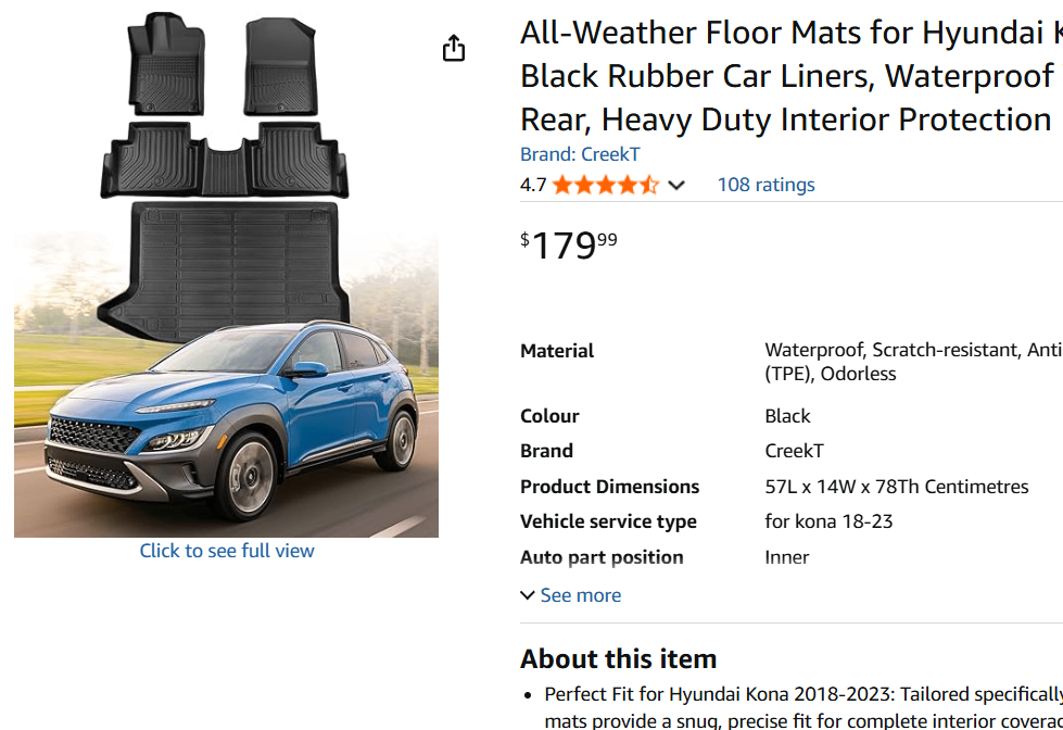 NEW Hyundai Kona Floor mats & Cargo Liner 2018-2023 - photo 3