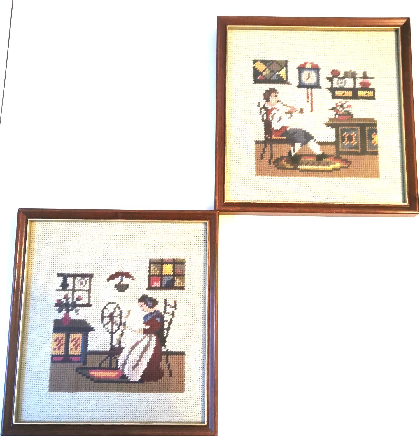 1960s Framed Needlepoint - Colonial Man & Woman Spinning Wheel