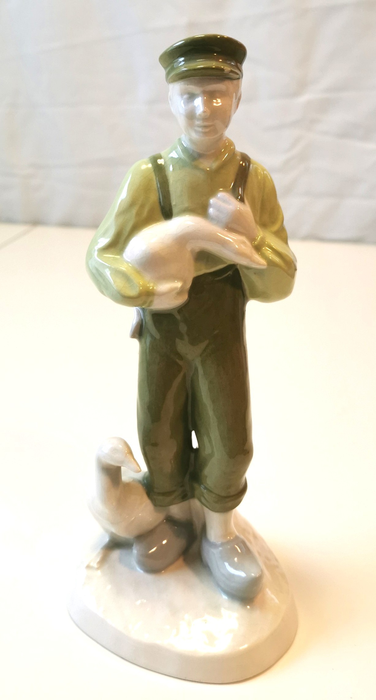 Vintage 9" Porcelain Dutch Boy with Goose Figurine, Clogs 1960s