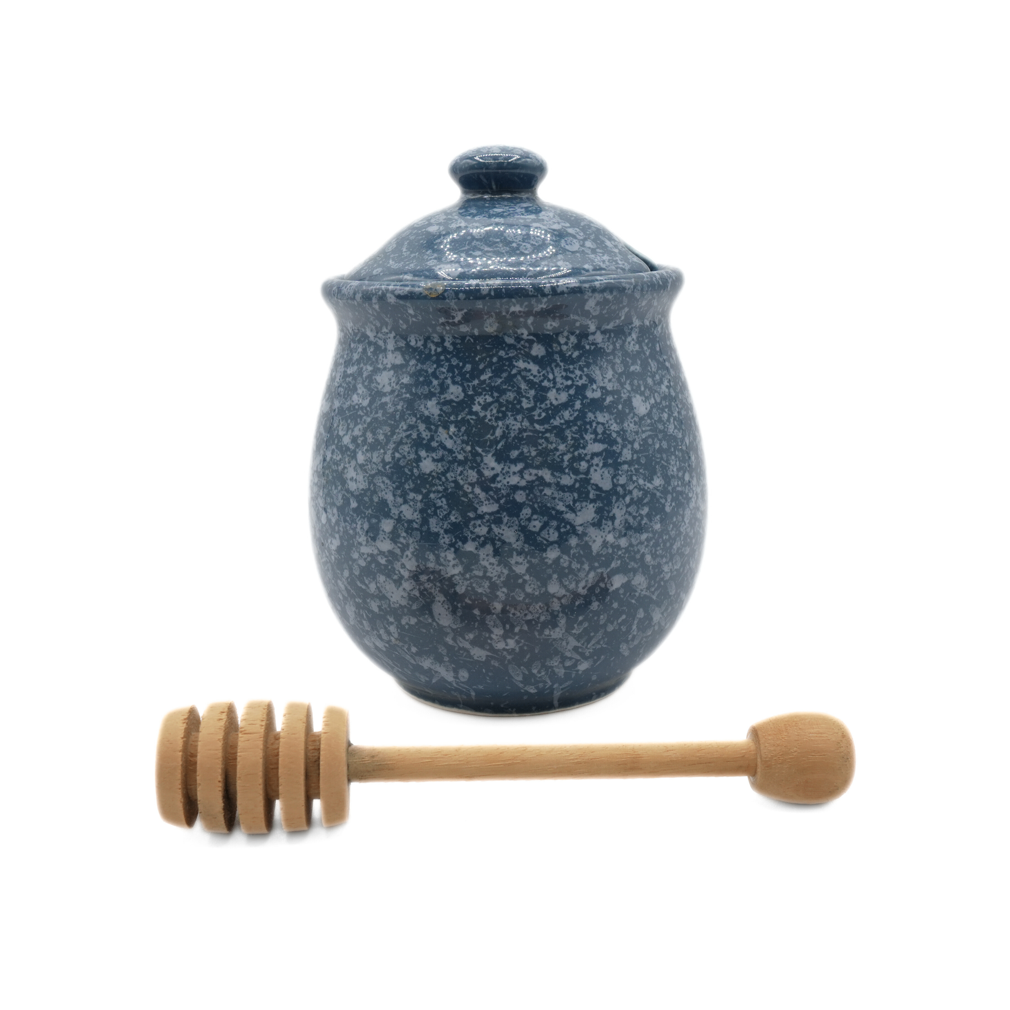 Blue speckled ceramic honey pot with dipper