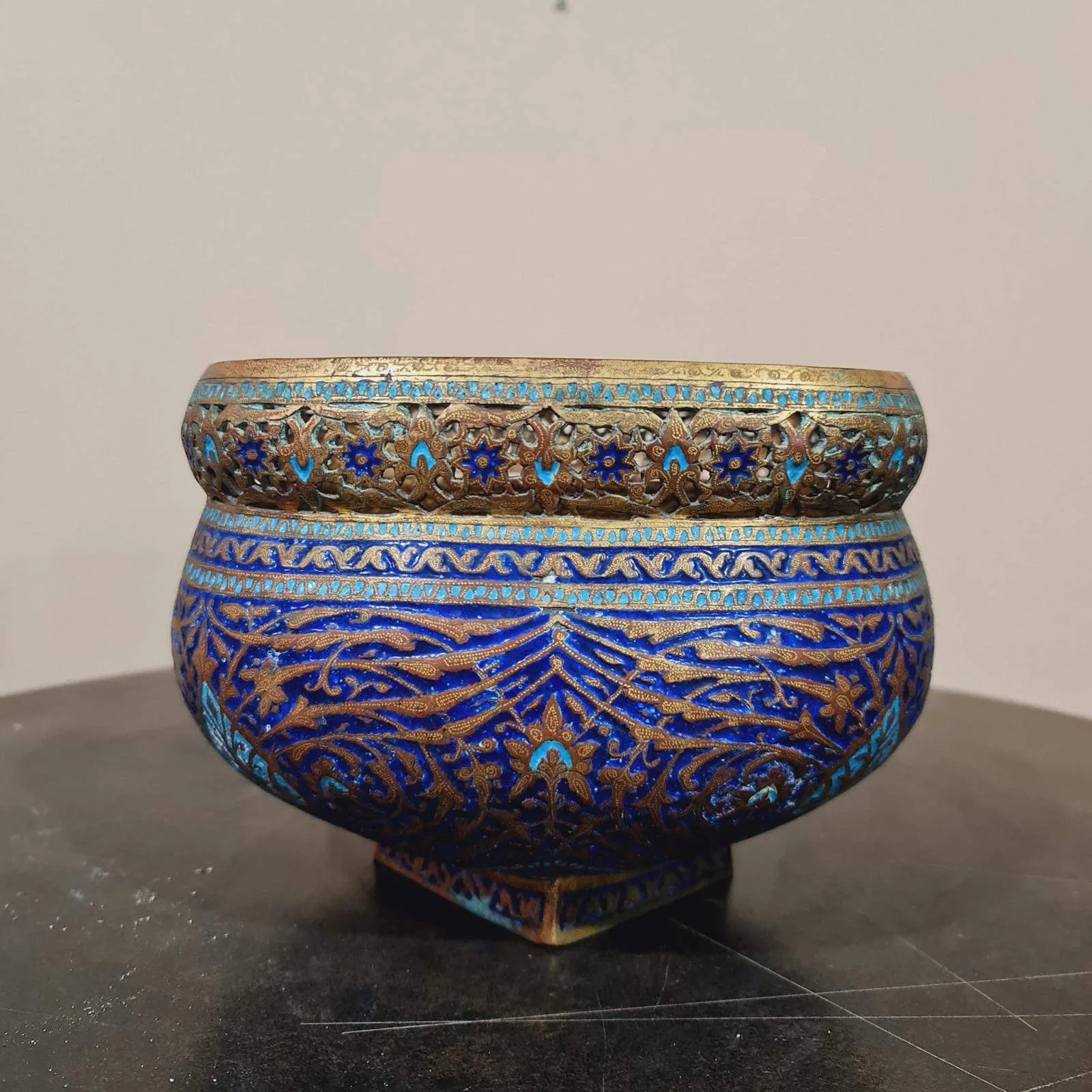 Antique Decorative Bowl – Blue & Gold Middle Eastern Design