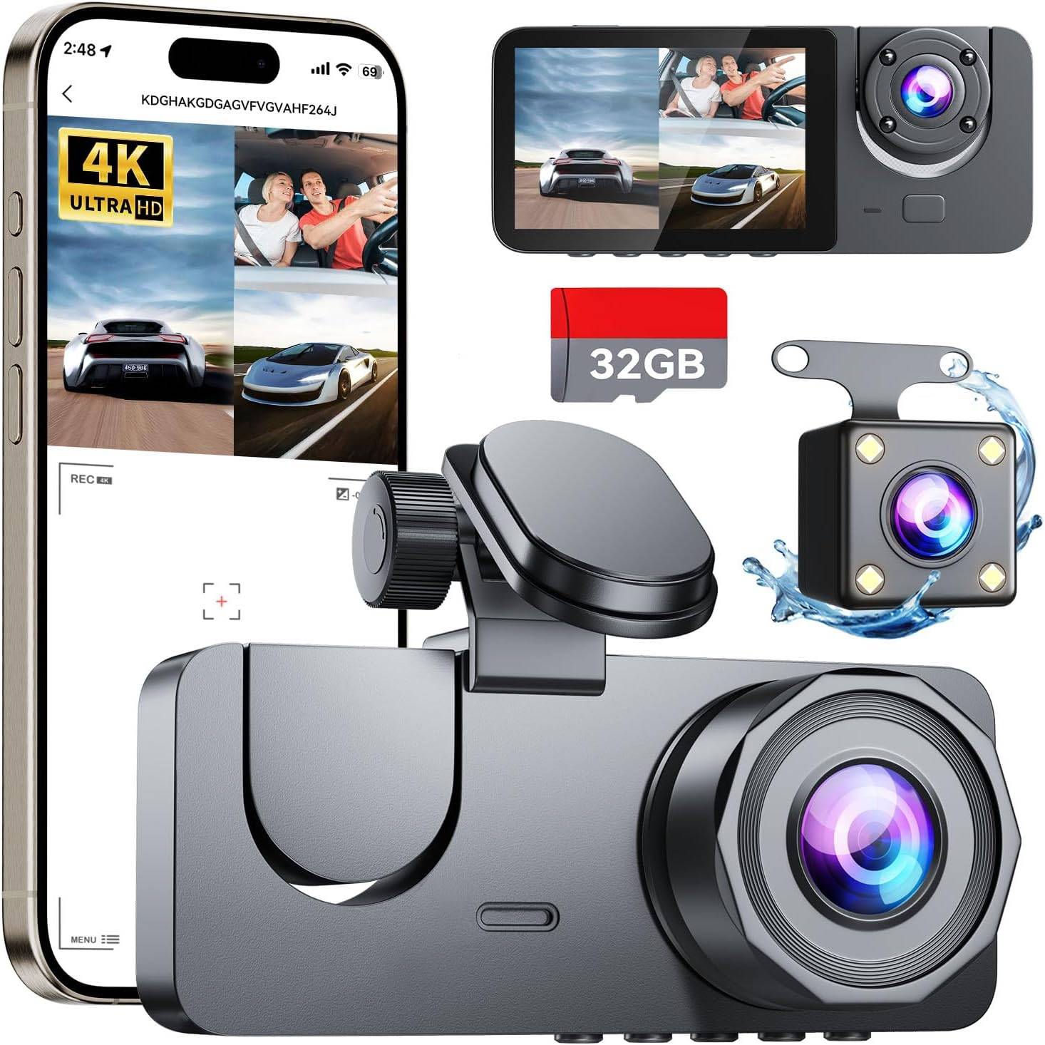 Triple Camera 4K Full HD Dash Camera Inside 3 Channel