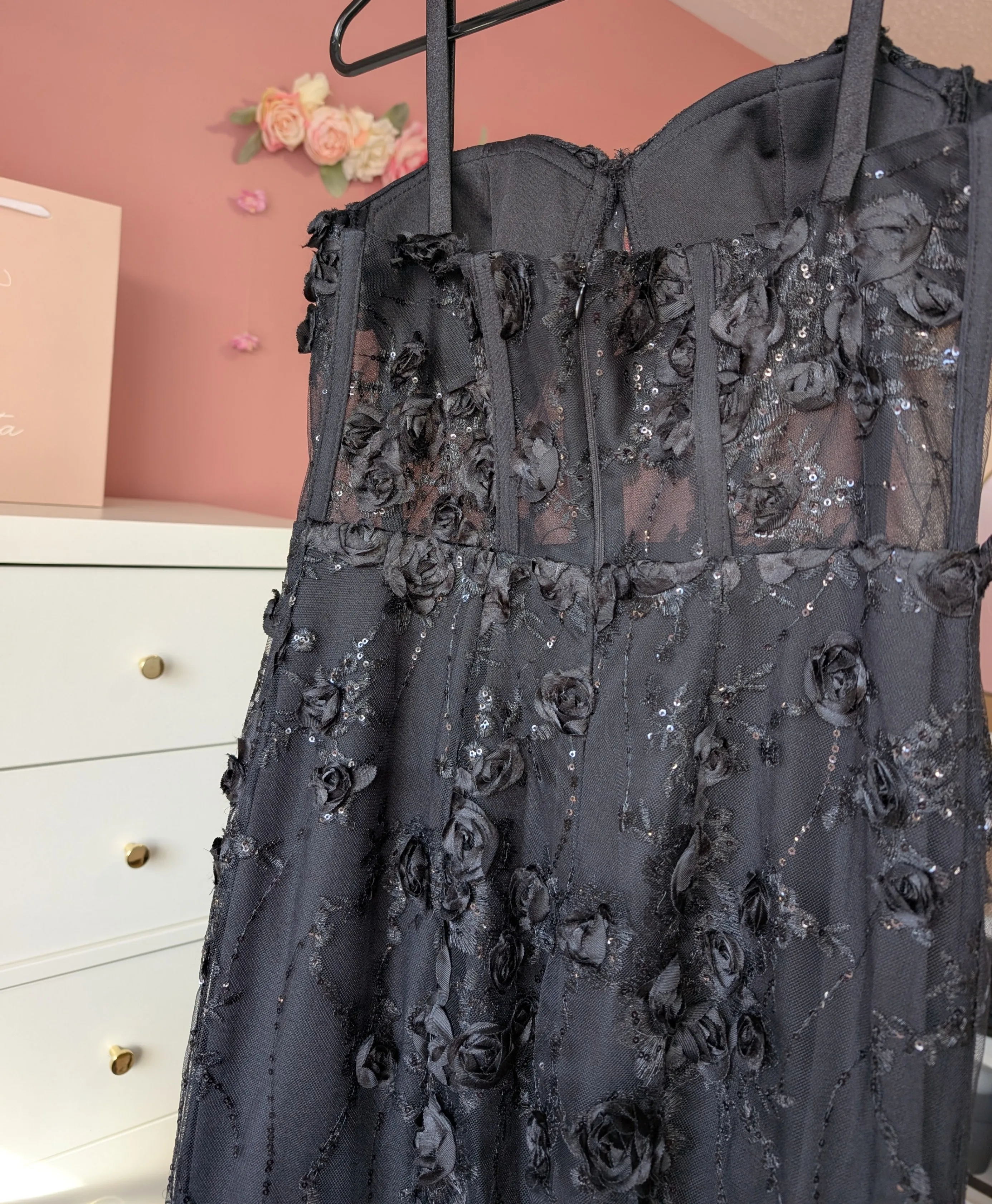 Size Small Black Corset Gown with 3D Floral Embellishments image indicator(9)