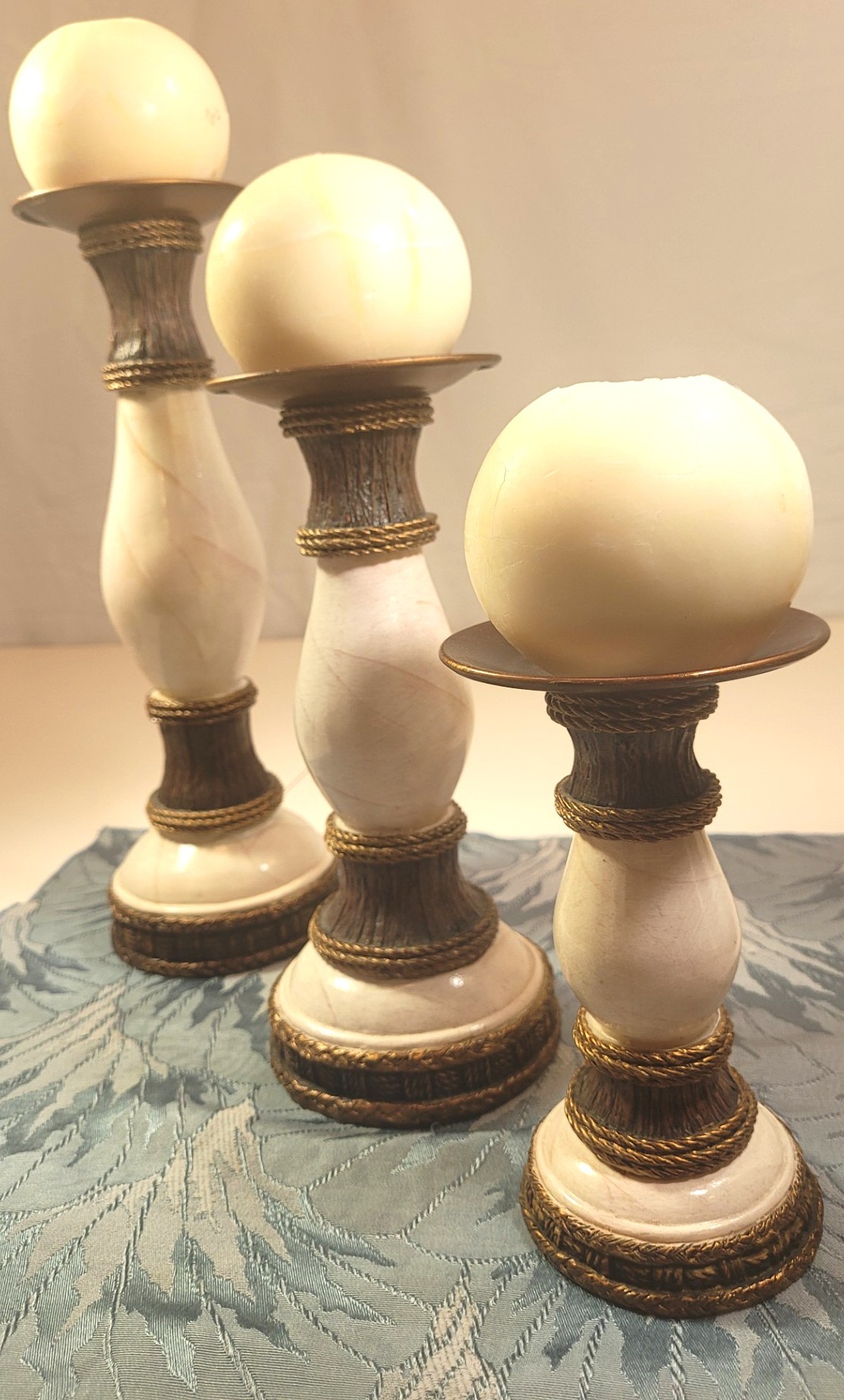 90s Hollywood Regency Faux Marble & Gold Rope Pillar Set of 3