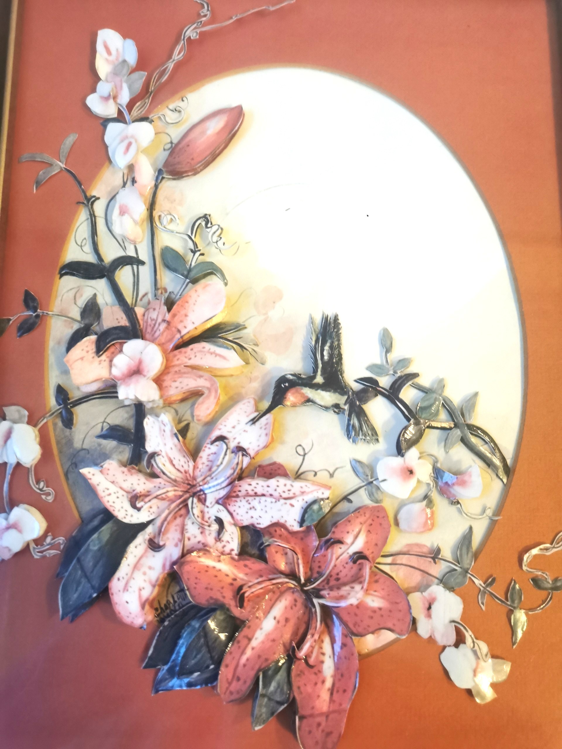 Pair 1980s 3D Paper Tole Art - Hummingbird & Tiger Lily - photo 3