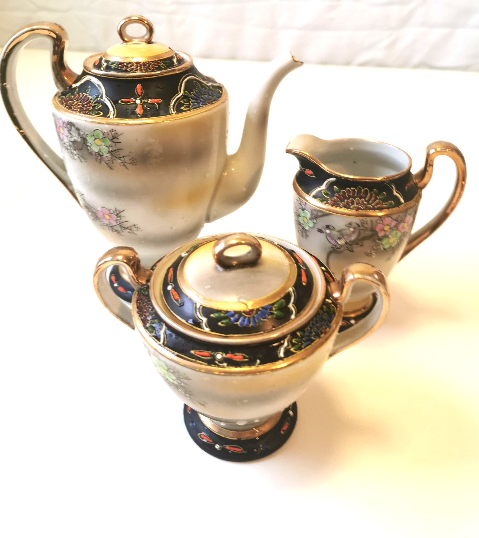 50s Mikori Japan Tea Set Hand Painted Sugar Creamer Tea Pot