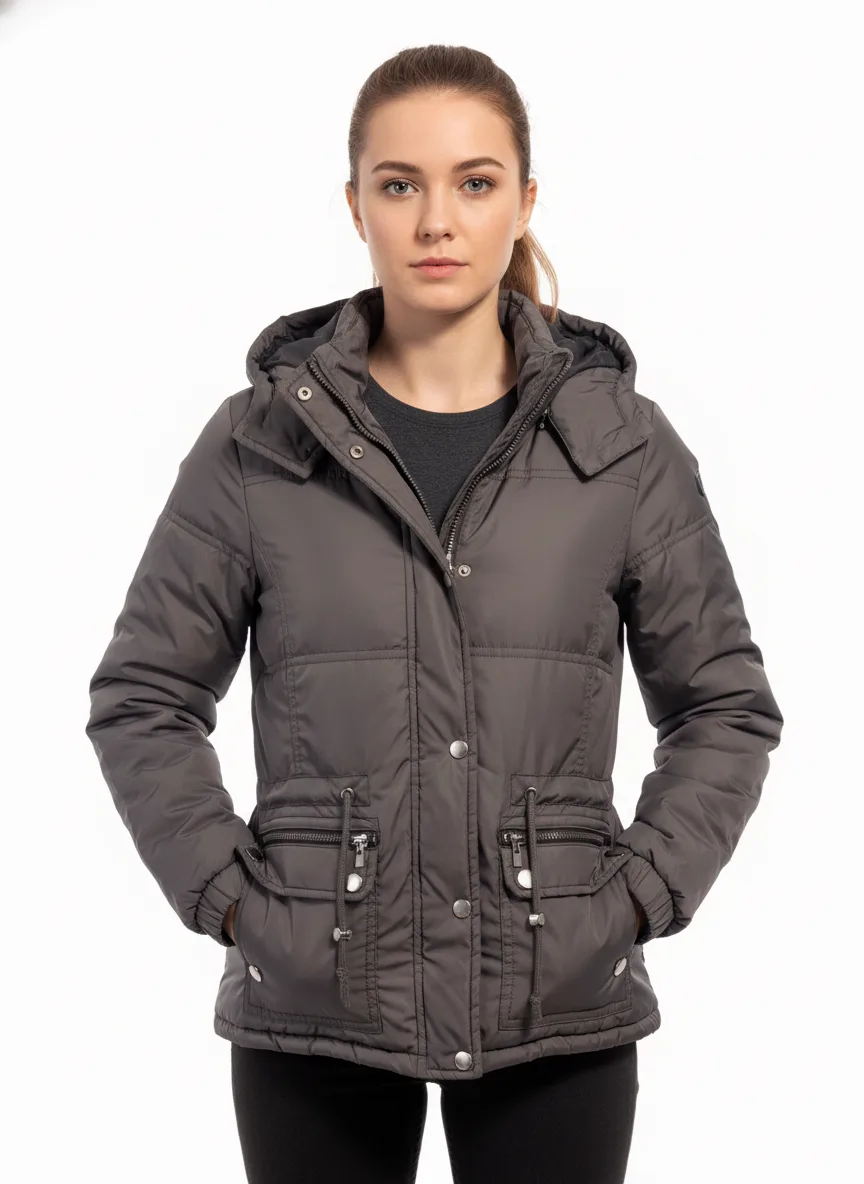 WOMEN Gray Padded Hooded Warm Jacket (S) -Quilted "Love Me Now"