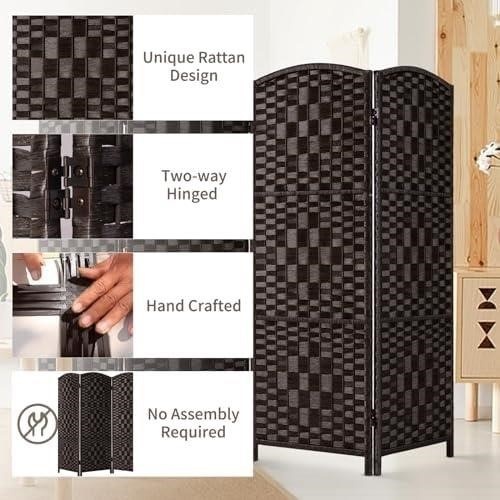 Brown Rattan 3-Panel Room Divider Screen - photo 4