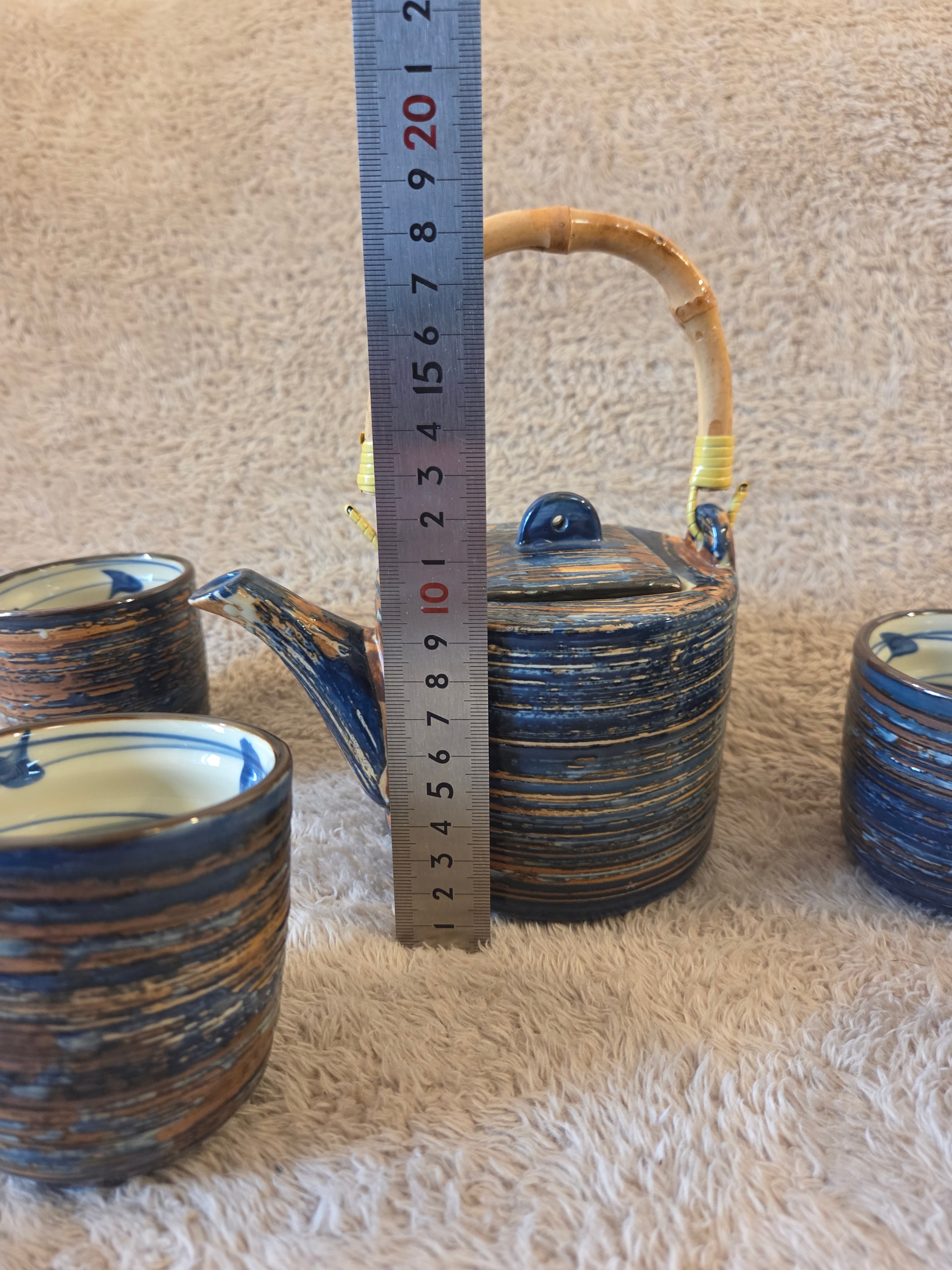 Stoneware Tea Set – Teapot + 4 Cups, Bamboo Handle - photo 4