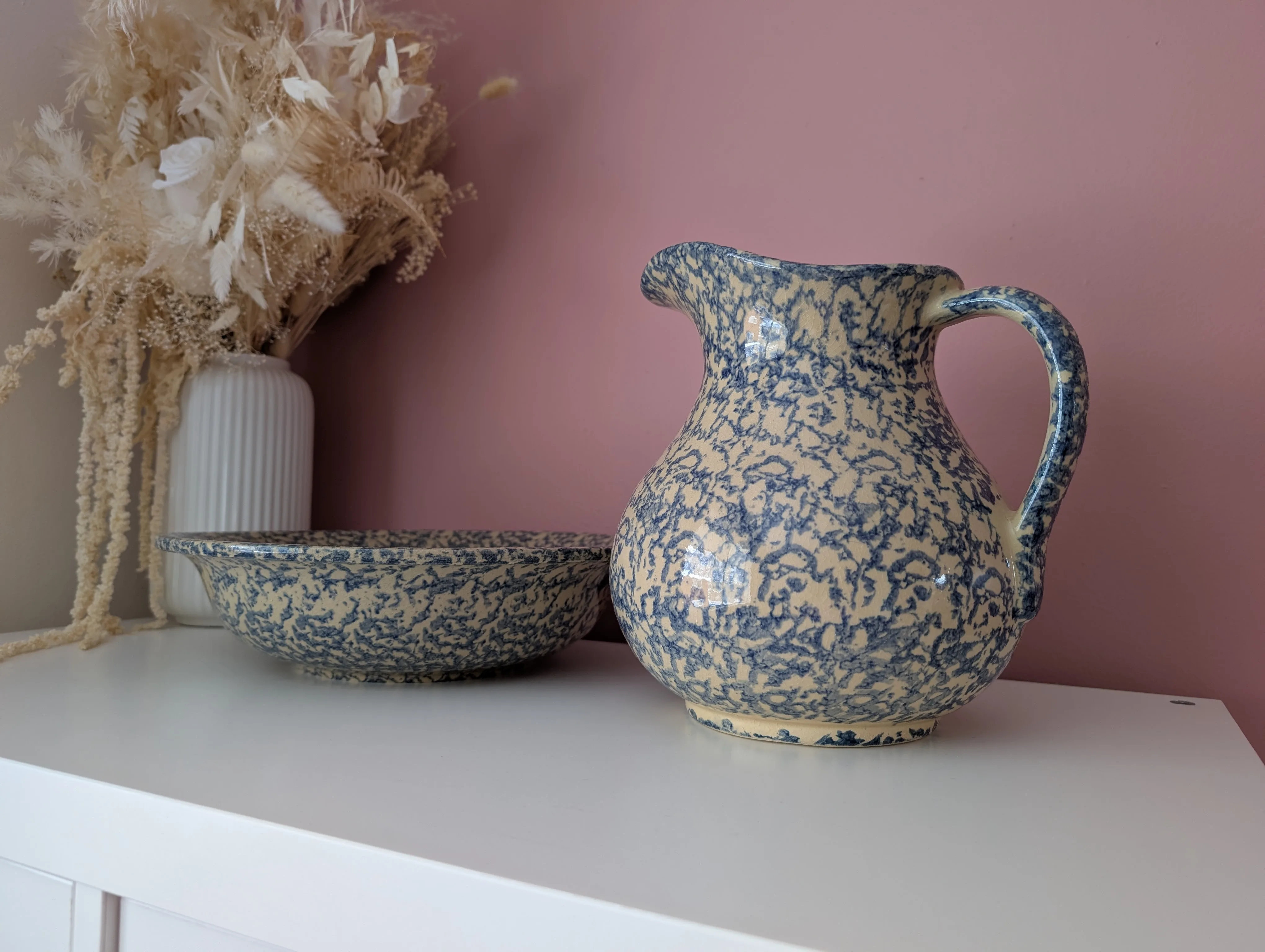 Vintage Blue & Beige Pitcher and Bowl Set image indicator(2)