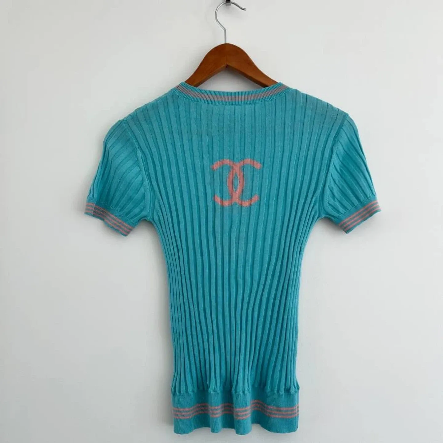 Chanel Silk Ribbed Knit Ringer Tee Blouse - Size S