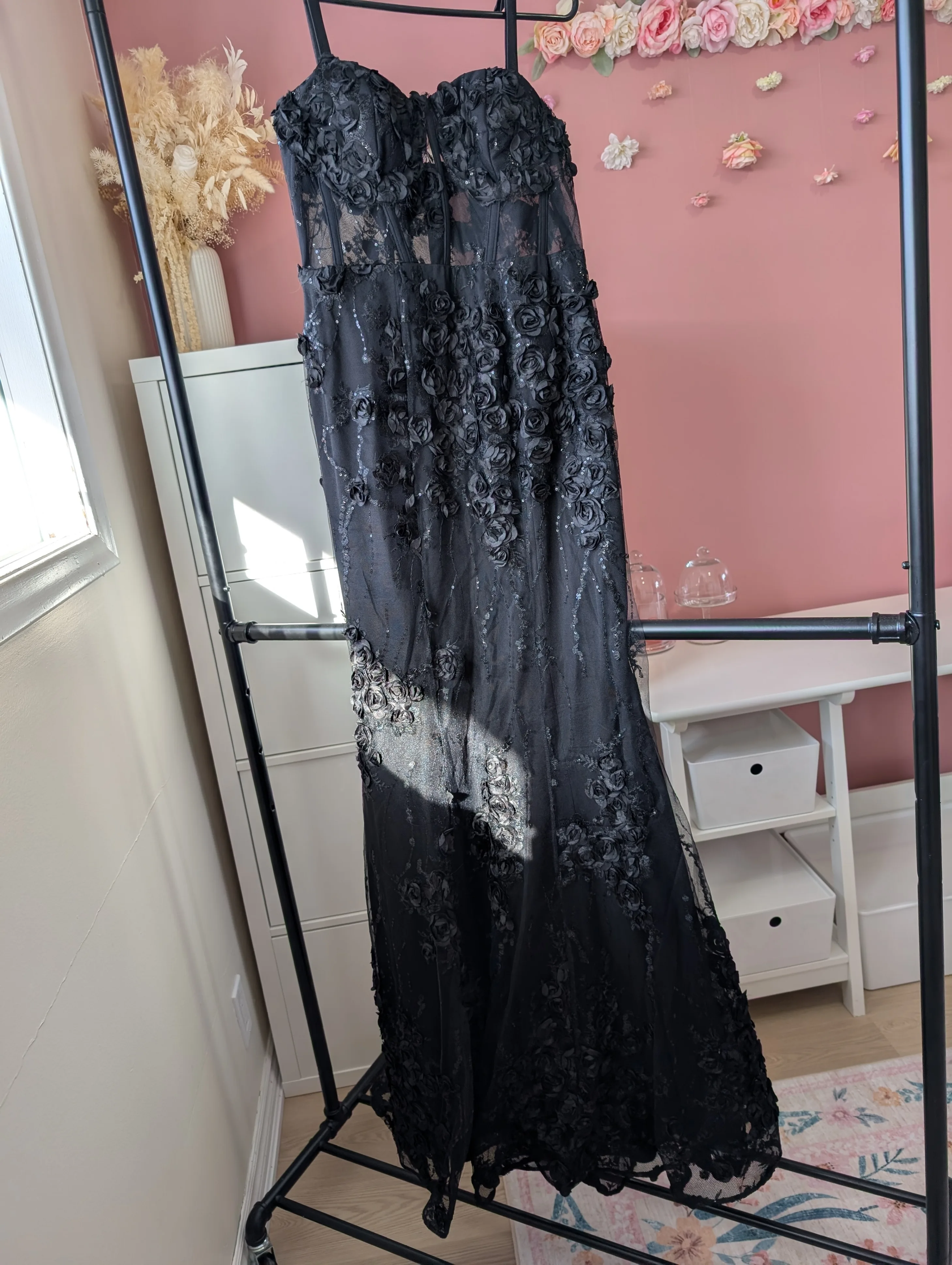 Size Small Black Corset Gown with 3D Floral Embellishments image indicator(8)