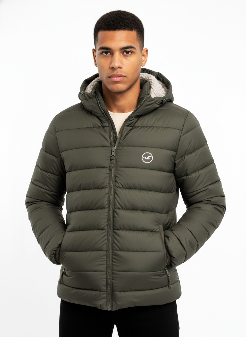 HOLLISTER Mens Green Puffer Jacket Sherpa Hood Coat Winter Sz. L