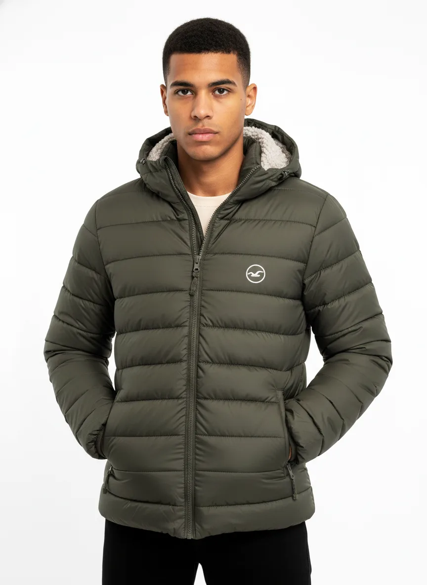 HOLLISTER Mens Green Puffer Jacket Sherpa Hood Coat Winter Sz. L