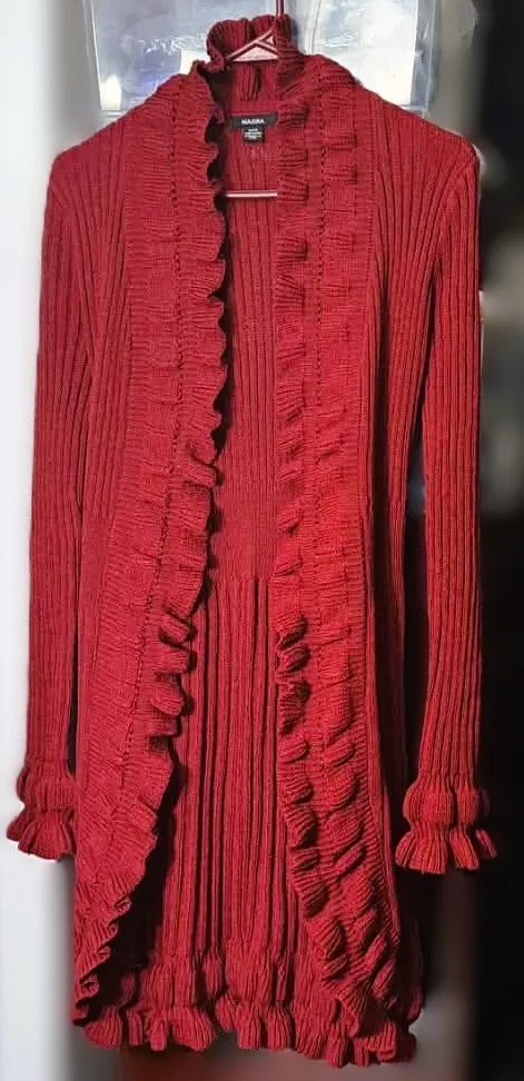 Ruffled Long Cardigan Sweater w/ Tie-front or Tie-back Belt