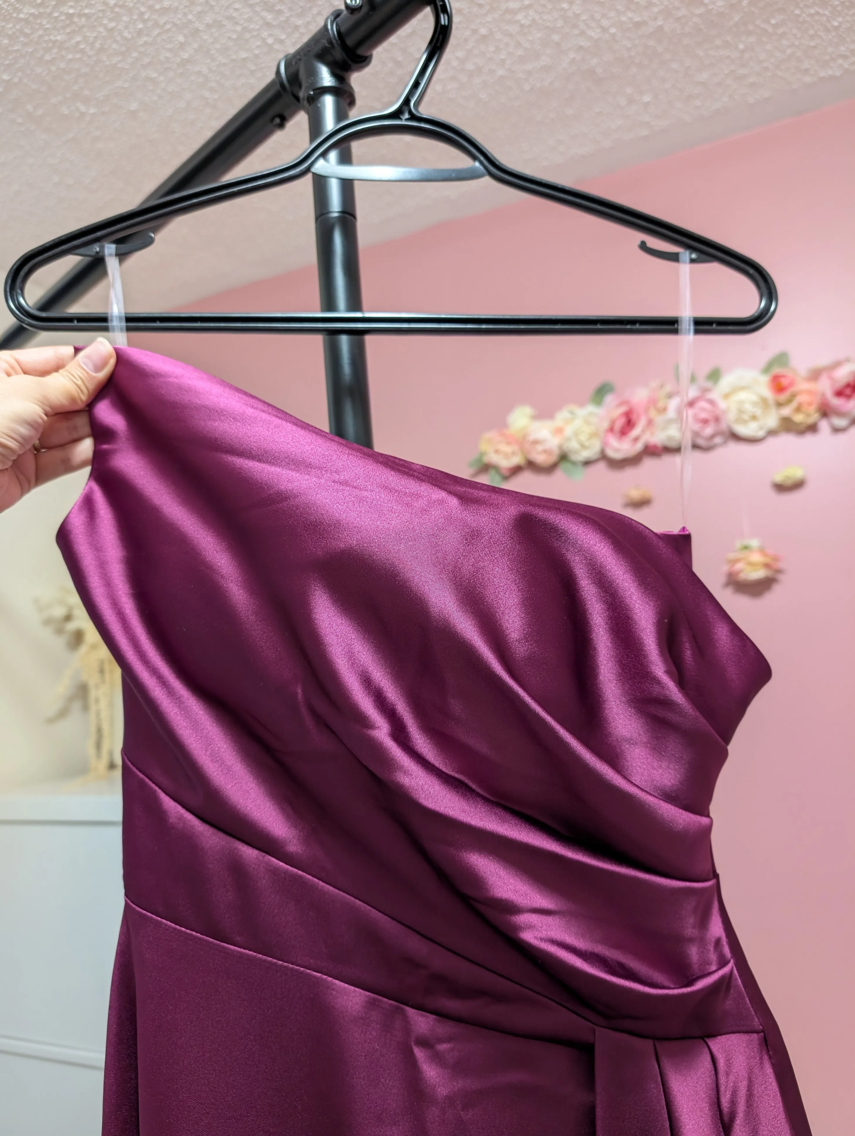Size Small Magenta Asymmetrical Satin Maxi Dress image indicator(2)