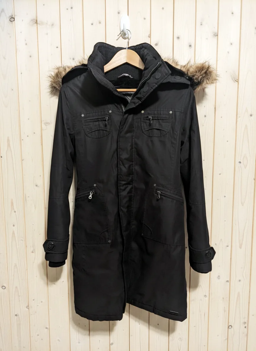 🔥 ARITZIA TNA Parka Black Long Coat Faux Fur Hood Women's (S) image indicator(4)