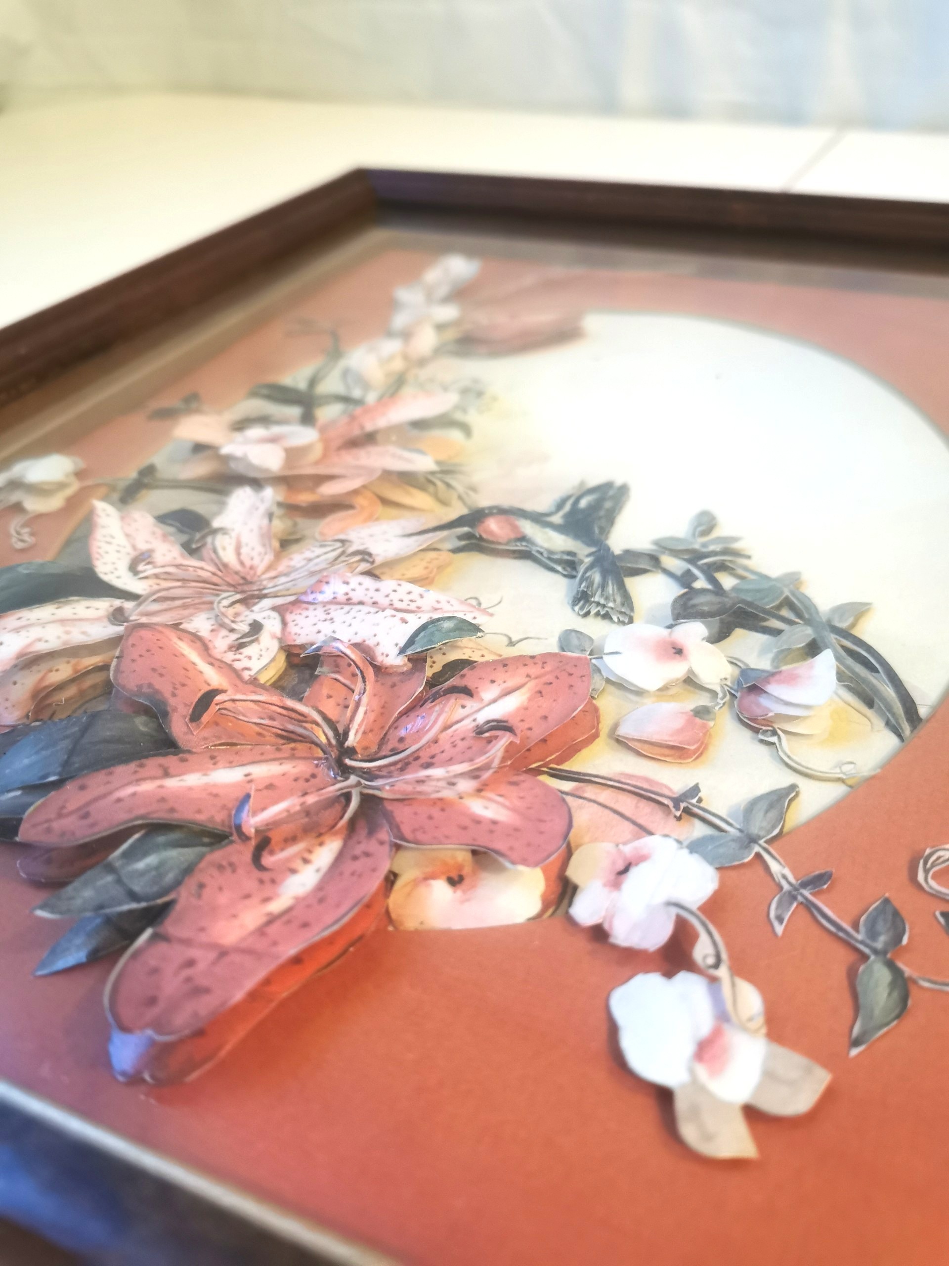 Pair 1980s 3D Paper Tole Art - Hummingbird & Tiger Lily - photo 5