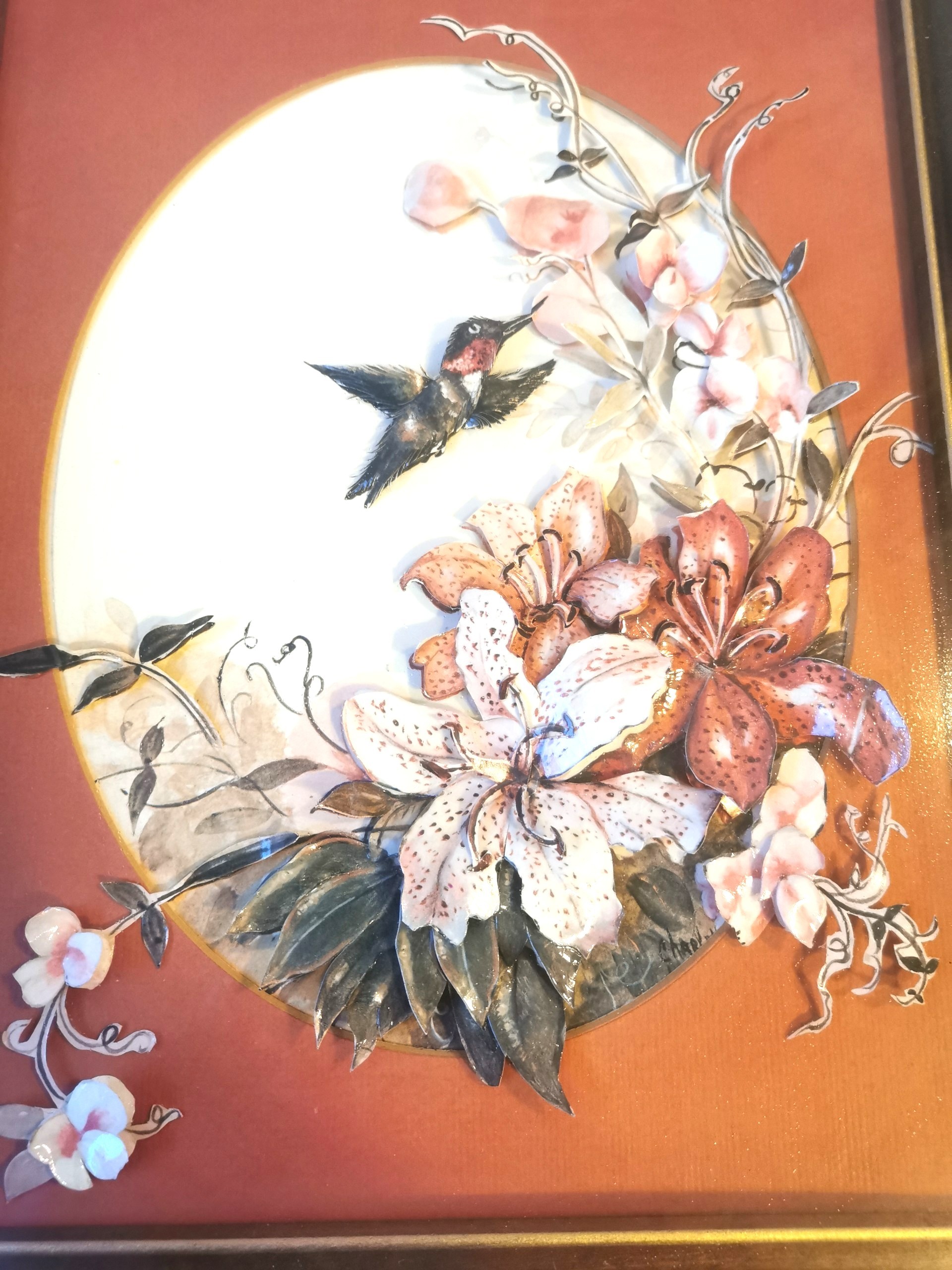 Pair 1980s 3D Paper Tole Art - Hummingbird & Tiger Lily - photo 2