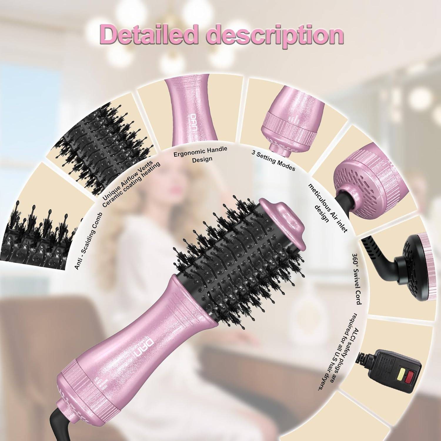 DAN Hot Air Brush - One Step Hair Dryer & Volumizer (NEW, Pink) - photo 3
