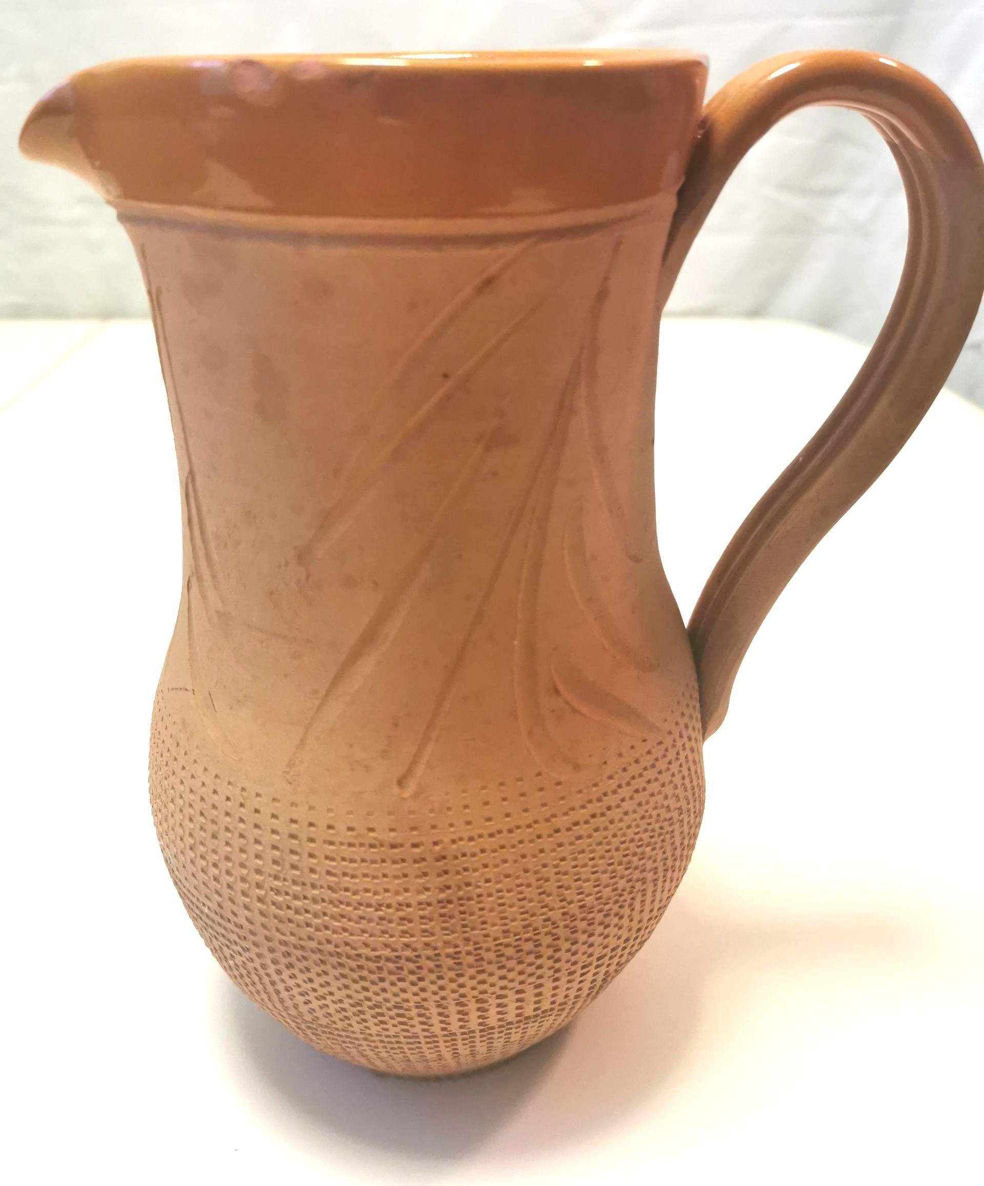 Vtg Portuguese Terracotta Pitcher Hand Carved Texture 8"