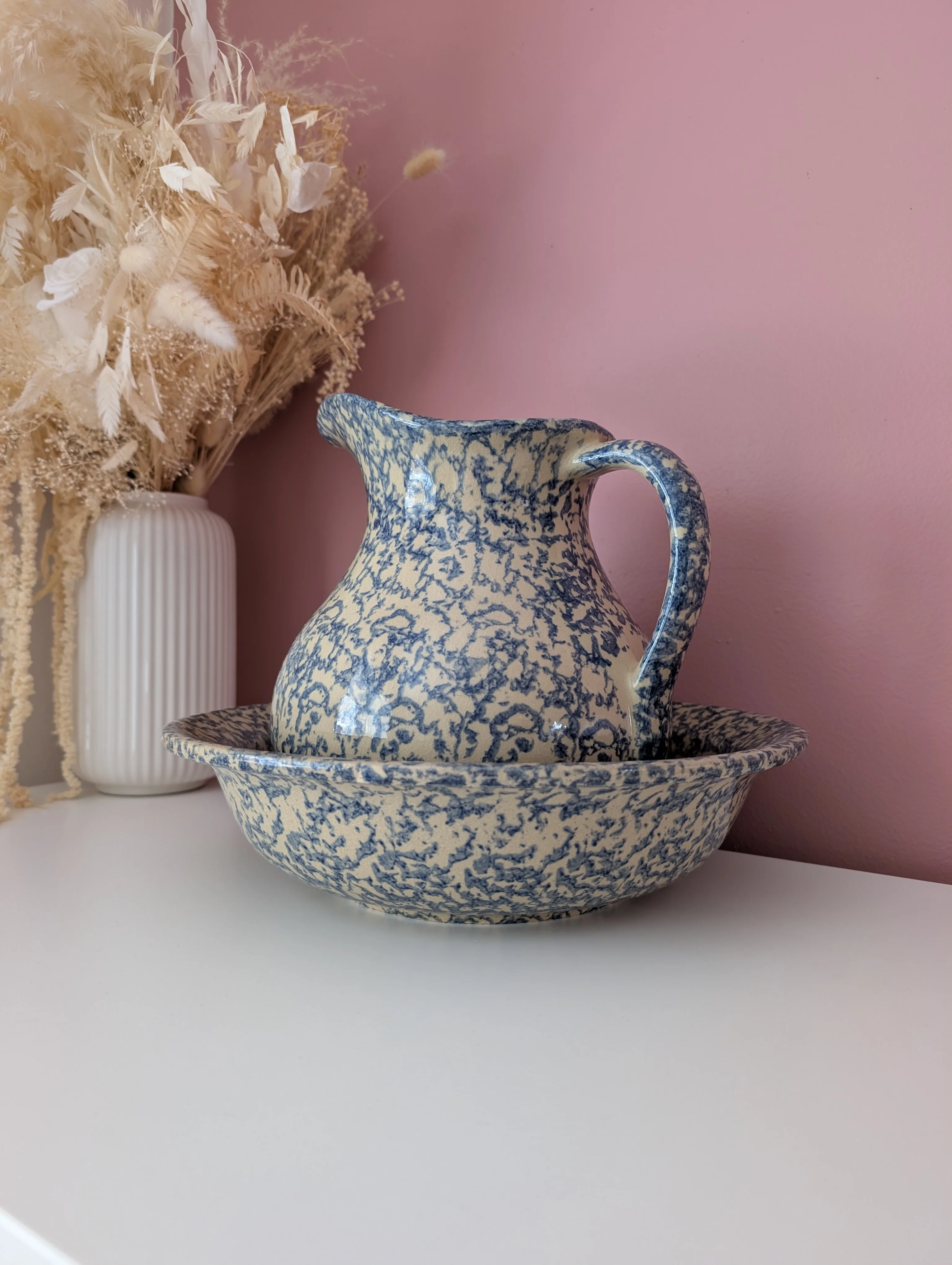 Vintage Blue & Beige Pitcher and Bowl Set