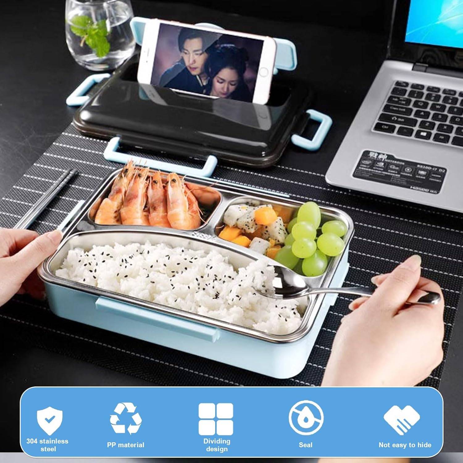 3 Compartment Stainless Bento Box with Utensils – New