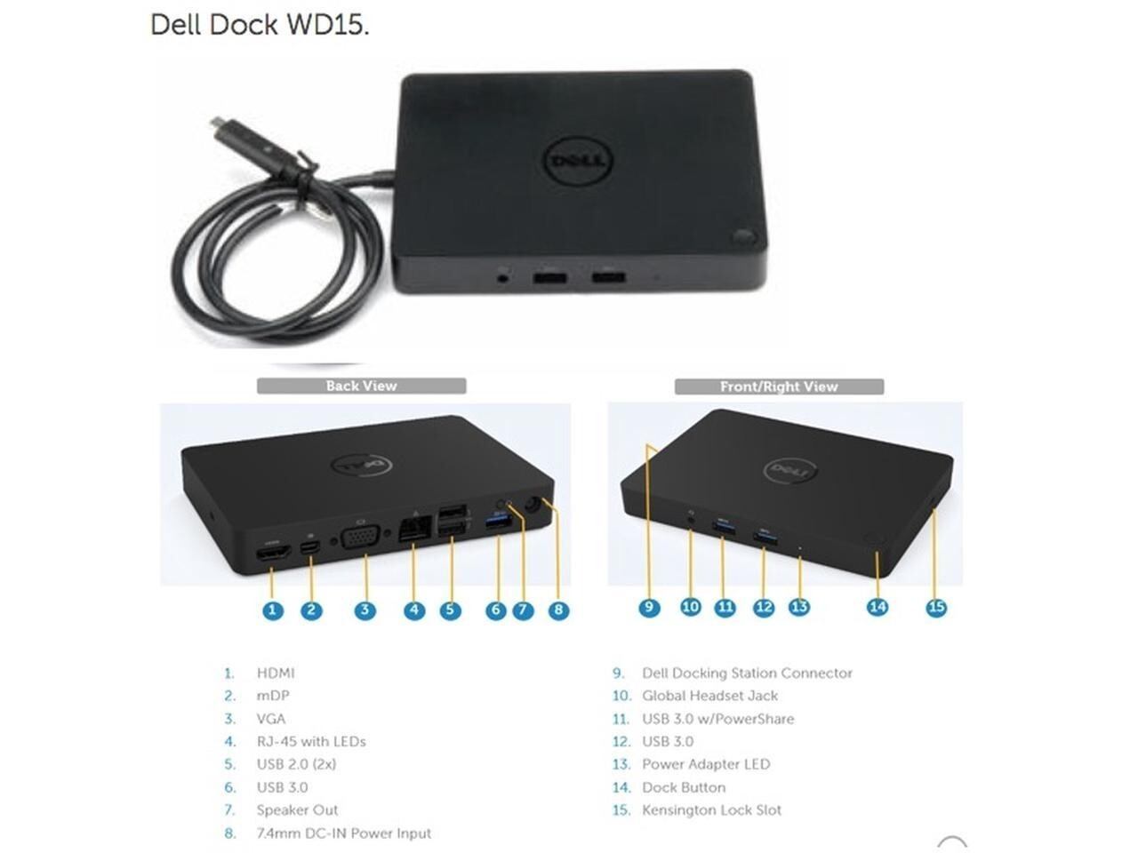 Dell WD15 USB-C K17A Hub HDMI VGA 4K Docking 90W Adapter, PC,Mac