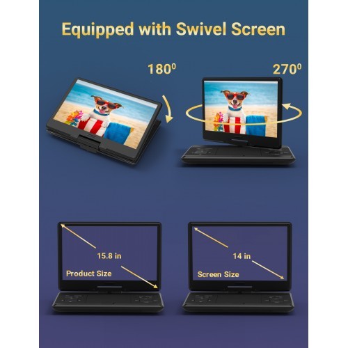 14” Swivel  Portable DVD Player 1280x800 Resolution HD - photo 2