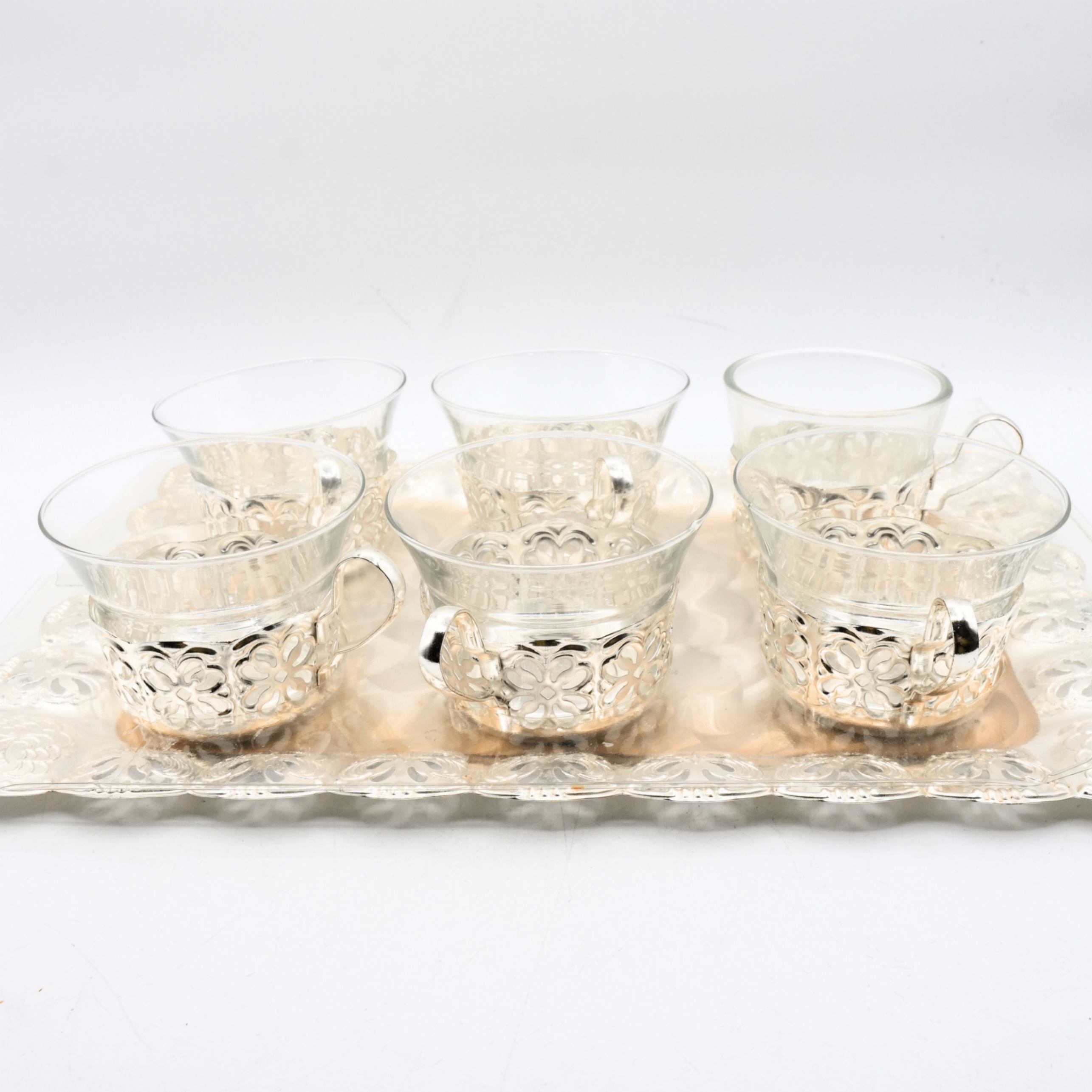 Glass Tea Cups with Silver Tray