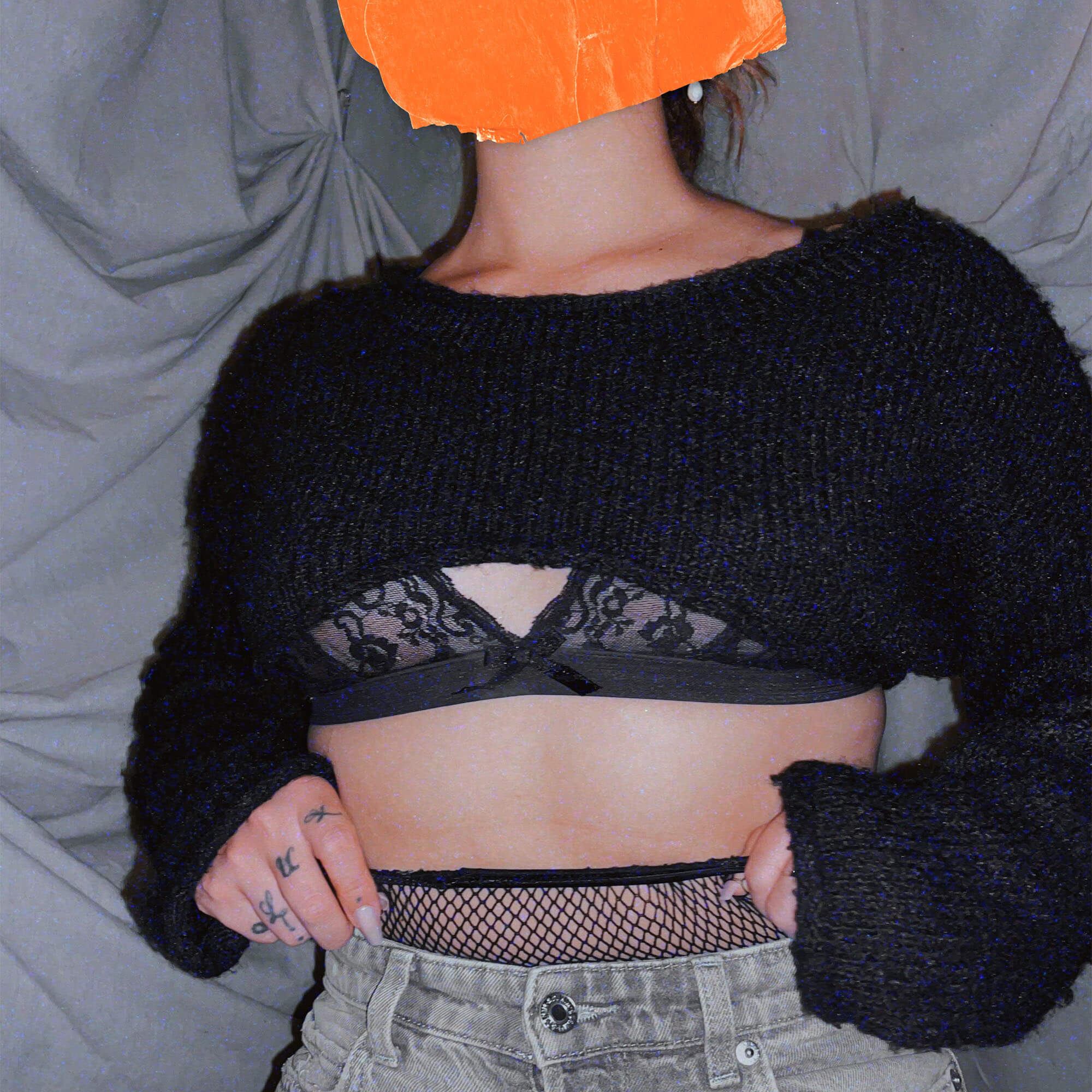 Black micro crop top sweater + lace bralette set