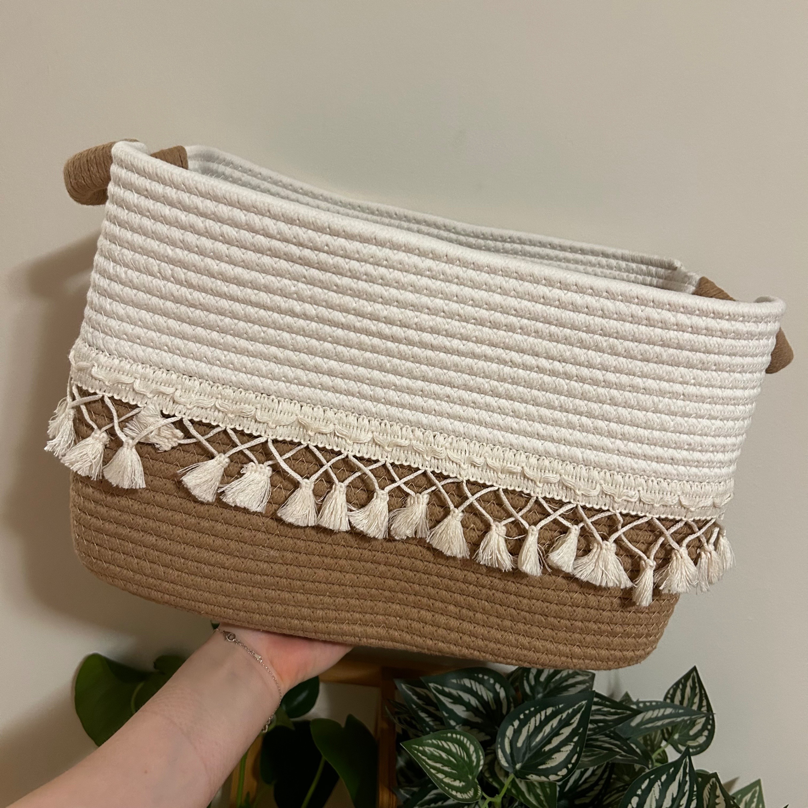 Woven Rope Storage Basket with Tassels - Tan/White - photo 3