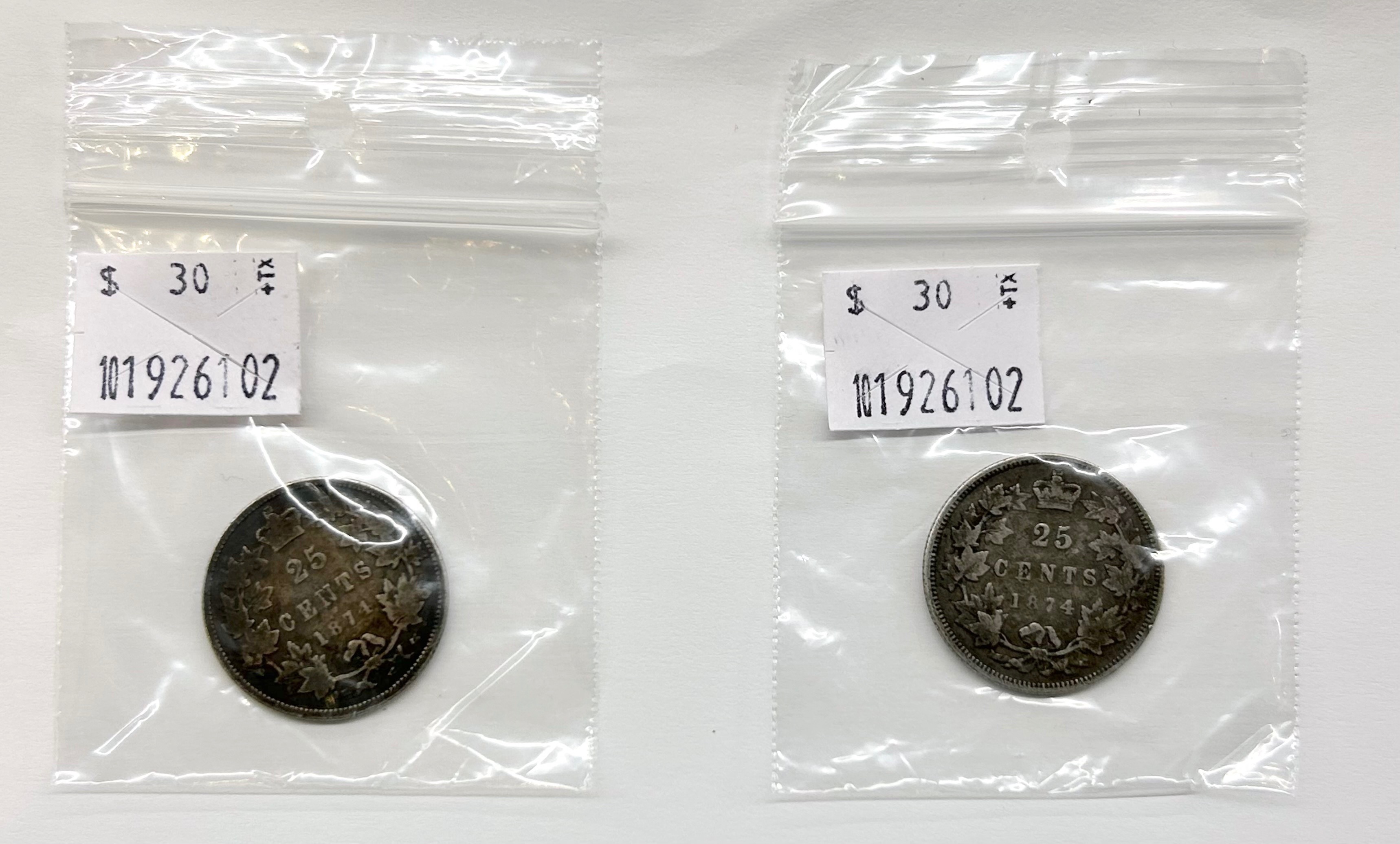 Old 25 cents Canadian Silver Coins - 1874, 1907, 1909, 1917