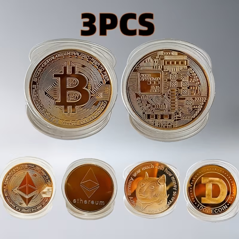 Bitcoin, Ethereum Collectible Coins, And Dogecoin