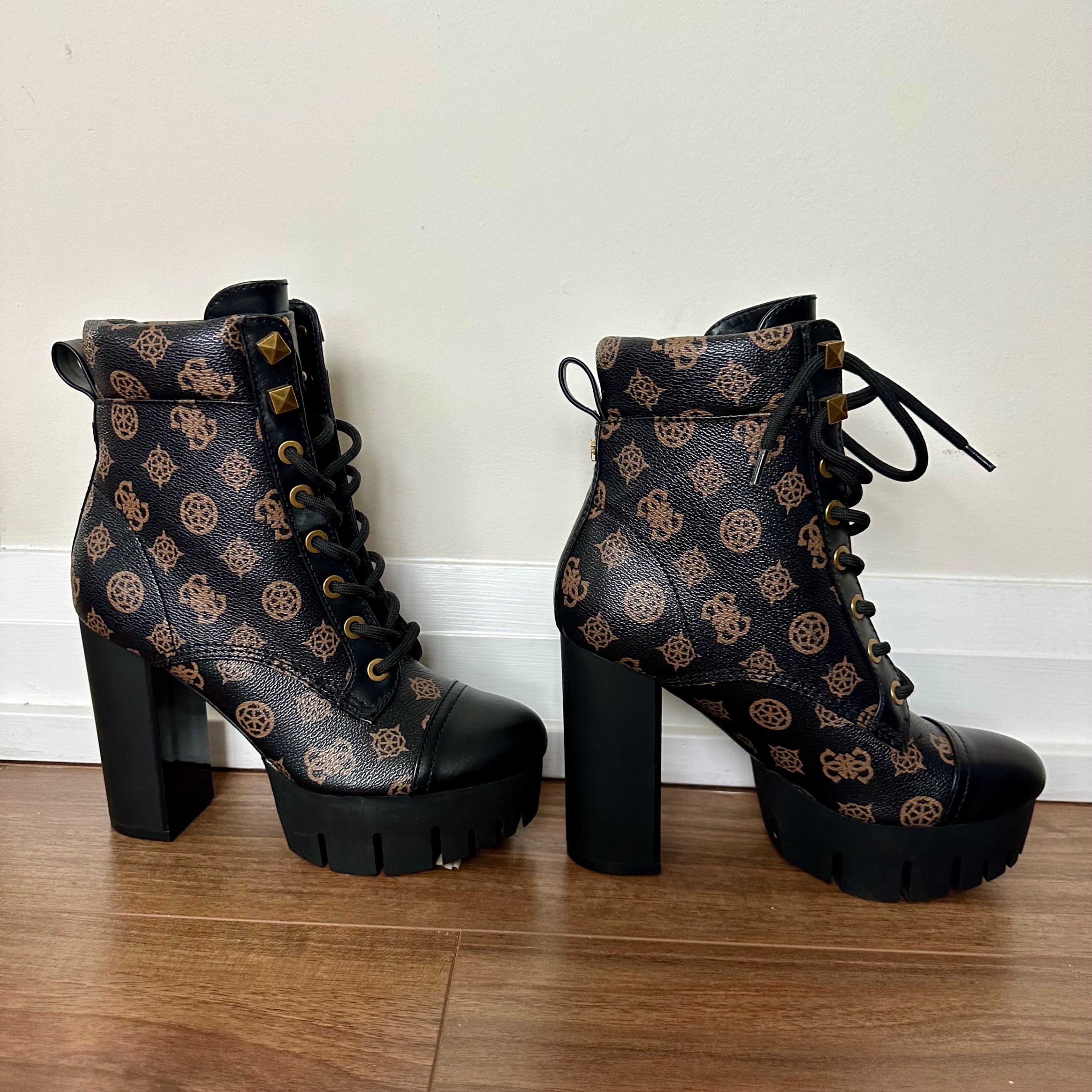 Guess "Geovey" Logo Print Lace Up High Heel Sole Booties - photo 5