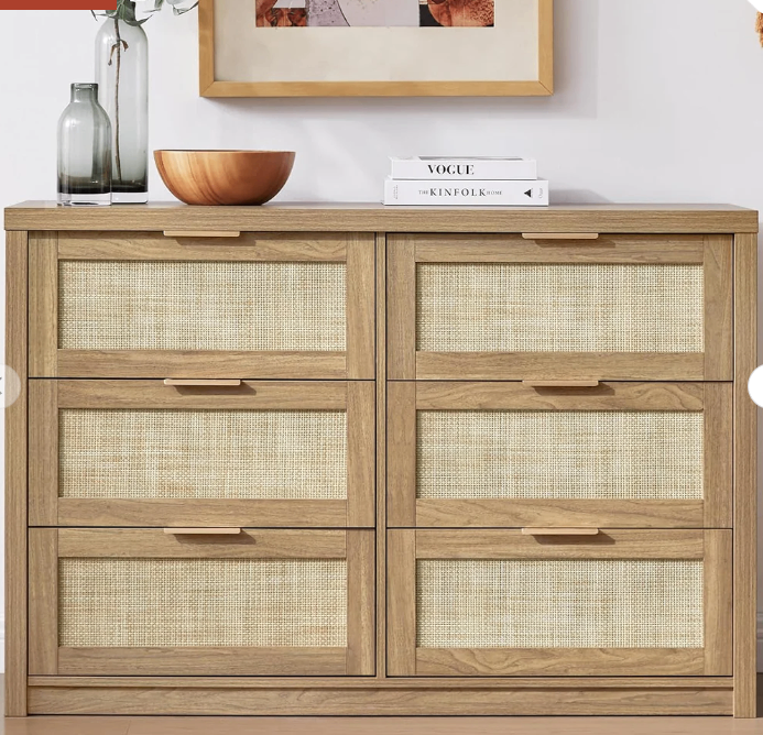 Wood & Rattan 6-Drawer Dresser - (New in box)
