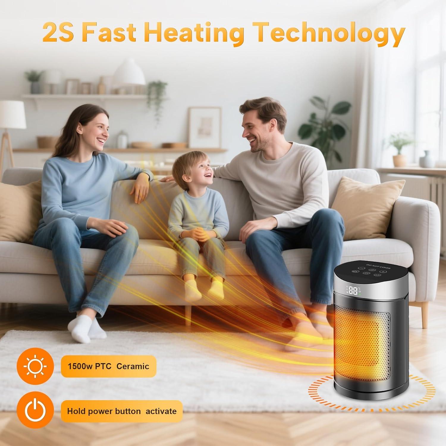 Portable Electric Space Heater, 1500W Ceramic Heating for Rooms - photo 3