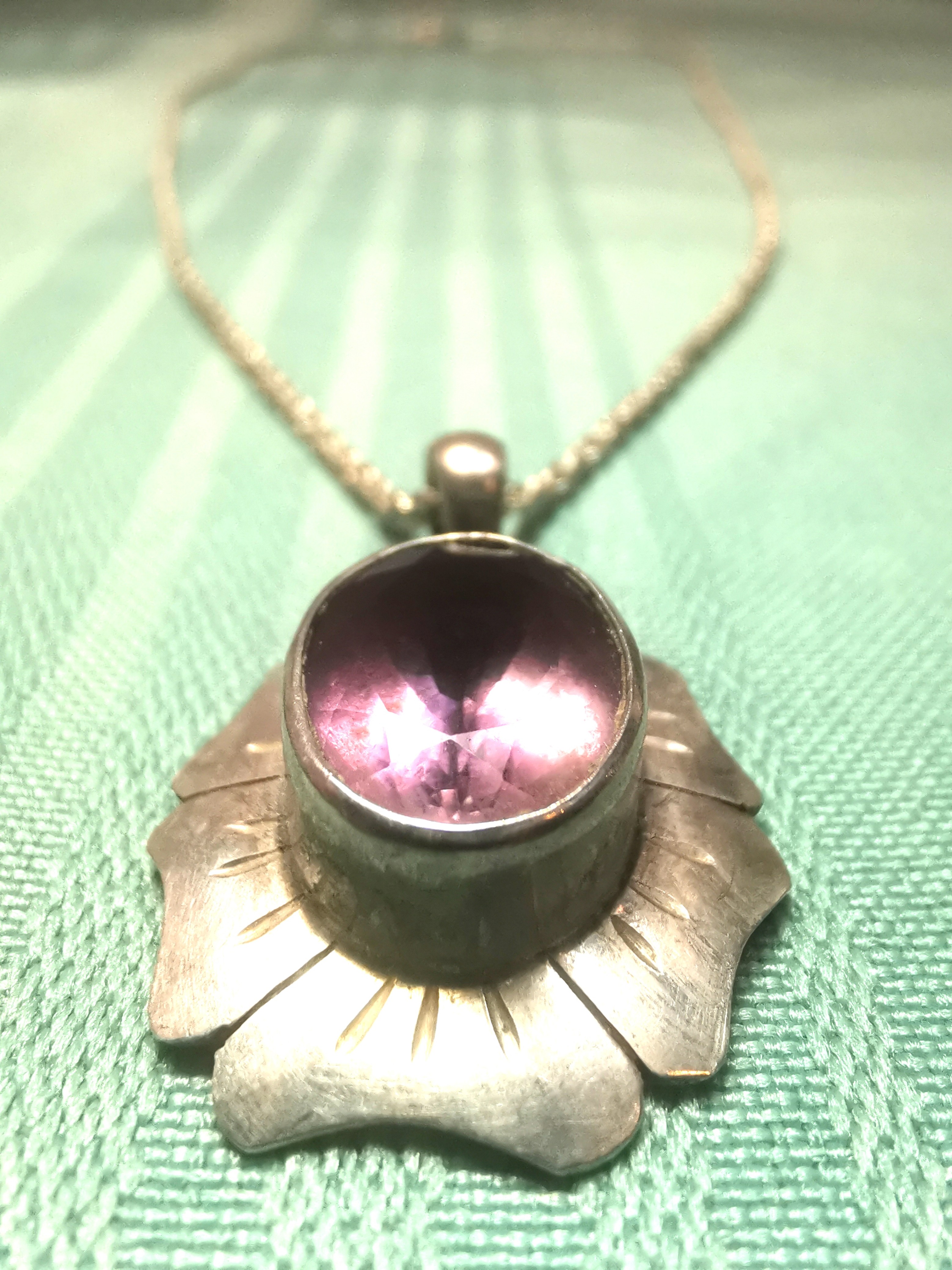 1990s Sterling Silver 925 Purple Stone Sunburst Floral Pendant