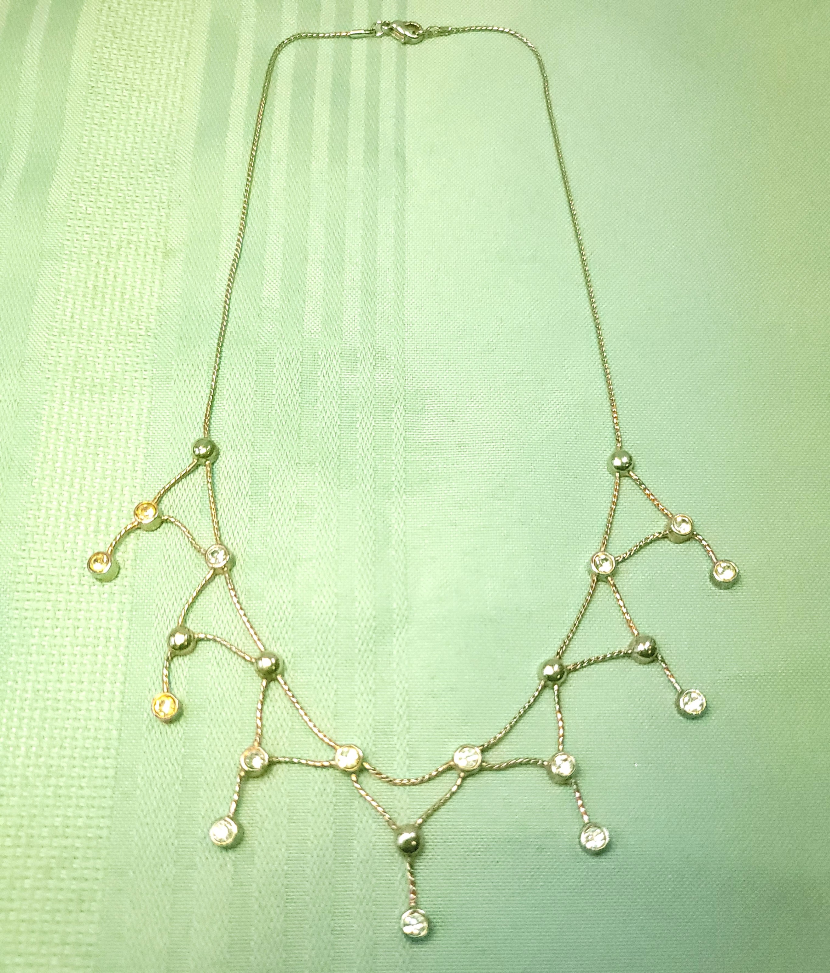 1990s Silver Toned Drip Bib Necklace 16.5" Crystal Fringe