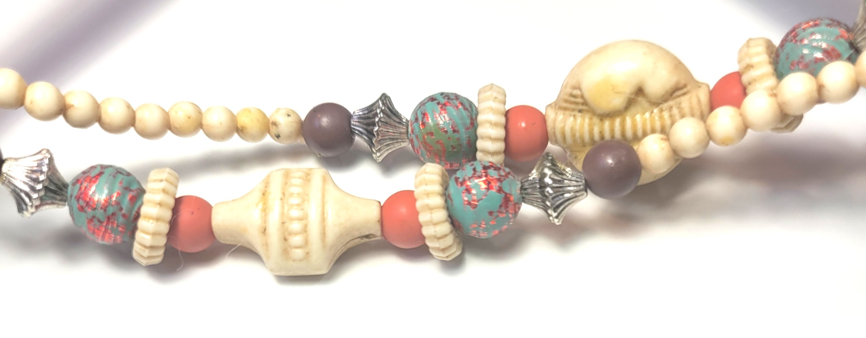 C. 1970s- 29" Hand Carved Bone Tribal Necklace Boho Ethnic