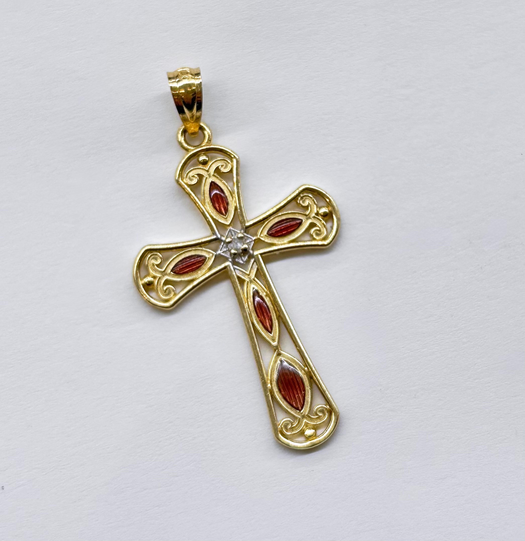 14K Yellow Gold Cross Pendant With Red Gemstones