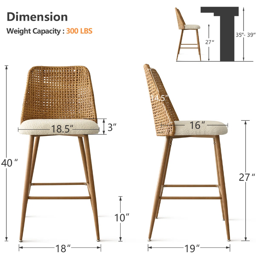 Rattan Bar Stool with Cushioned Seat - Set of 3 (New in box) - photo 3