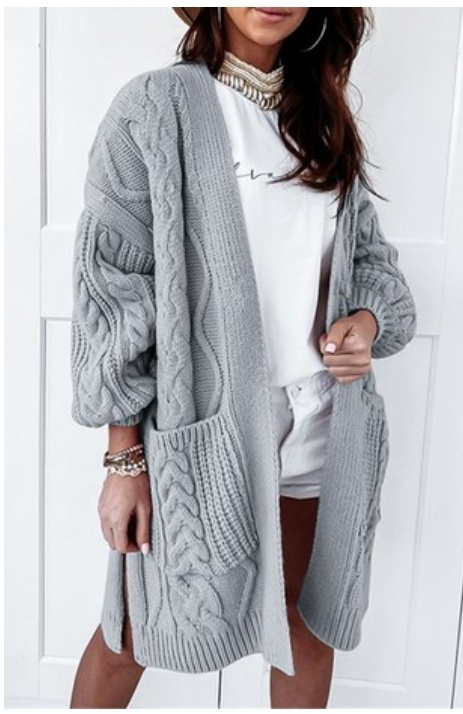 Gray Women's Knitted Woven Pocket Cardigan
