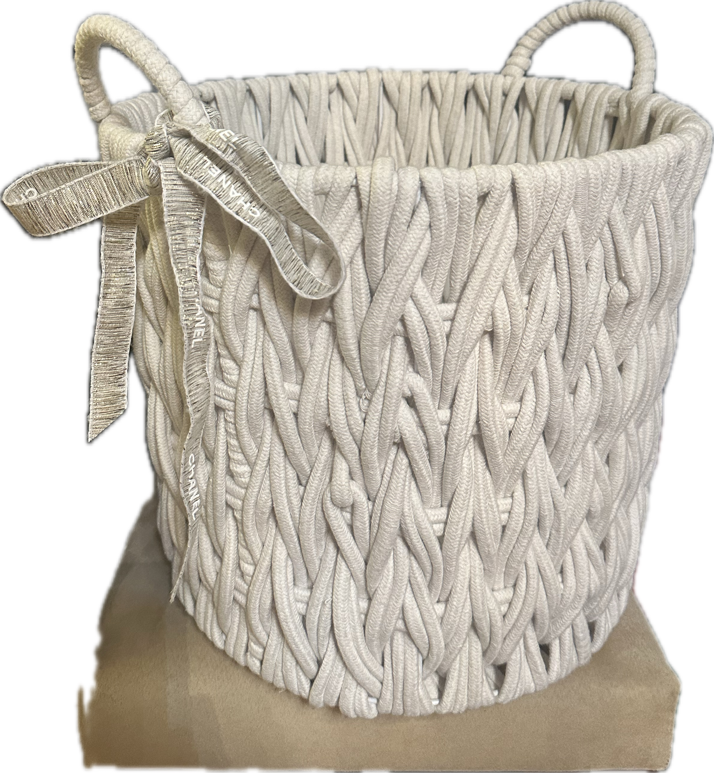Chanel White Woven Cotton Rope Storage Laundry Hamper Basket