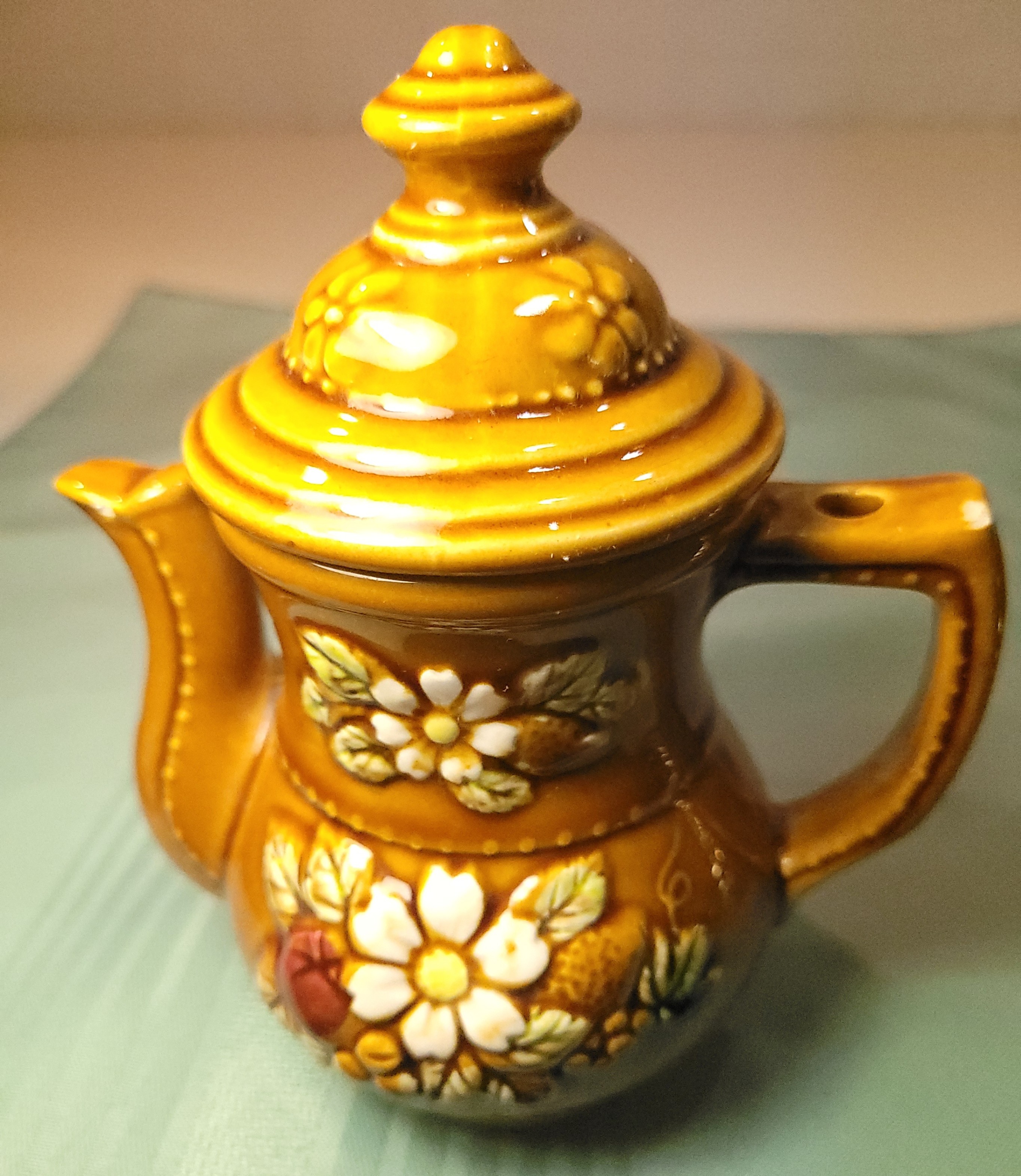 Vtg 1950s Japanese Ceramic Floral Syrup Pitcher - Mustard Gold - photo 3
